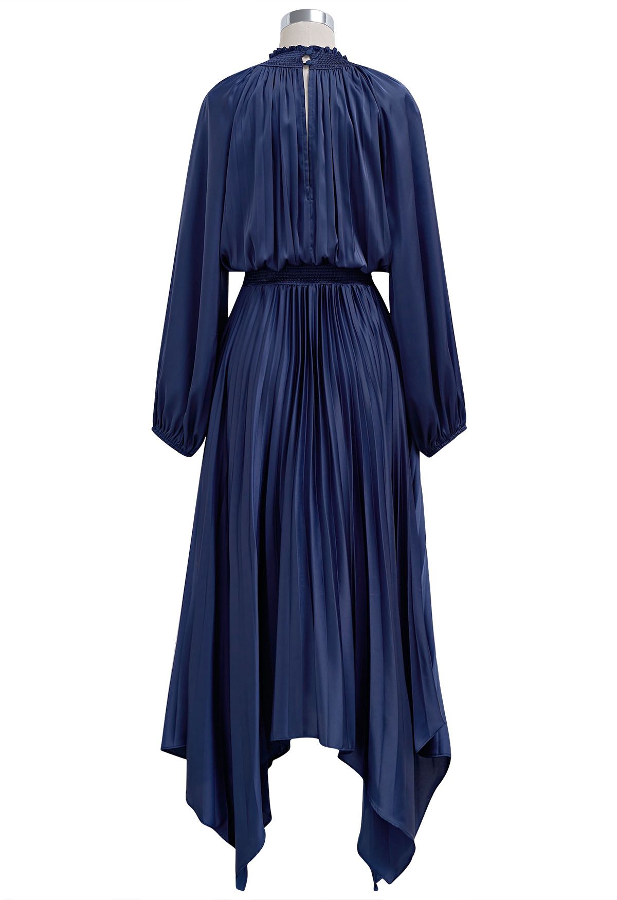 Cutout Shirred Detail Pleated Asymmetric Dress in Navy