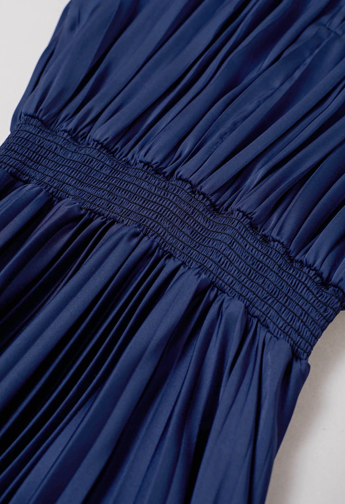 Cutout Shirred Detail Pleated Asymmetric Dress in Navy