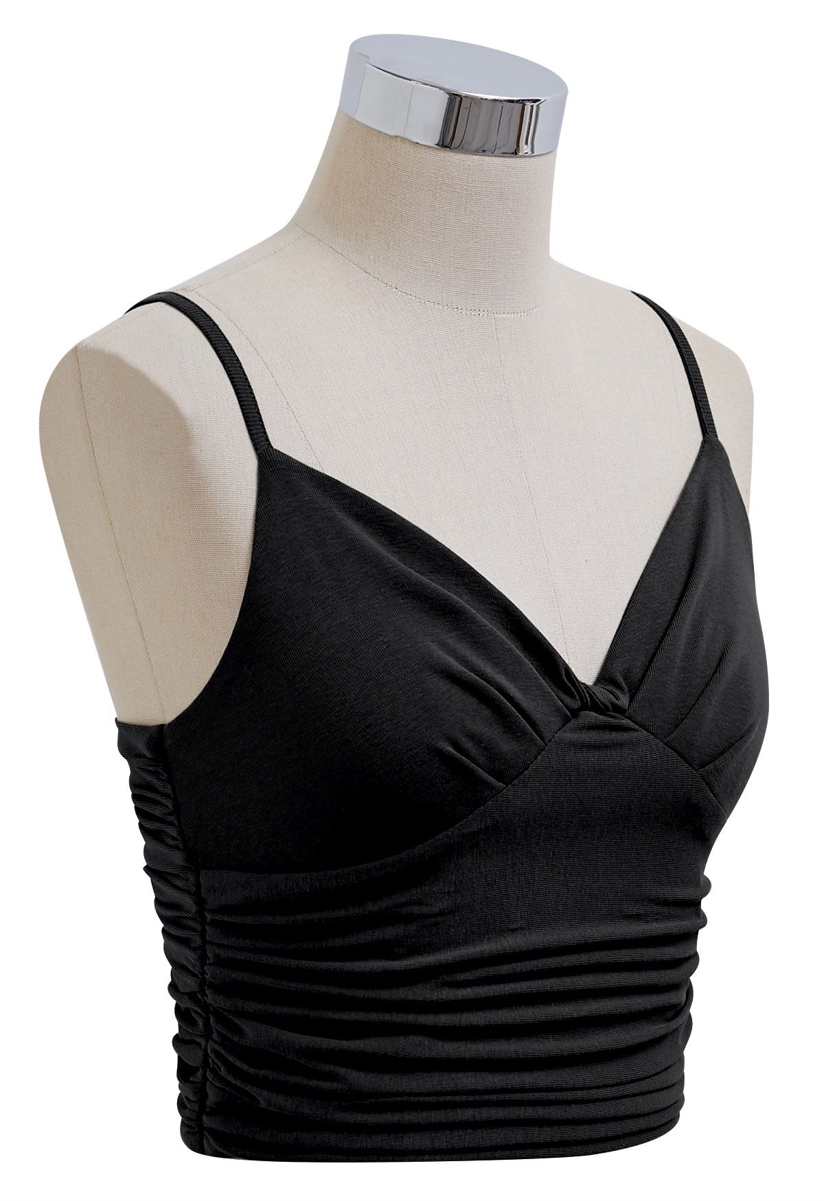 Knotted V-Neck Ruched Crop Cami Top in Black