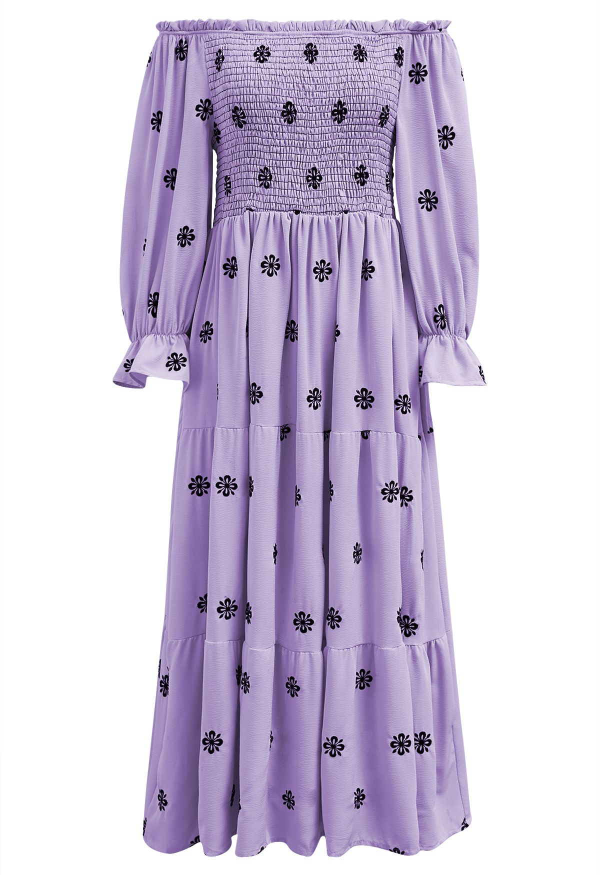 Black Floral Embroidery Shirred Midi Dress in Lilac