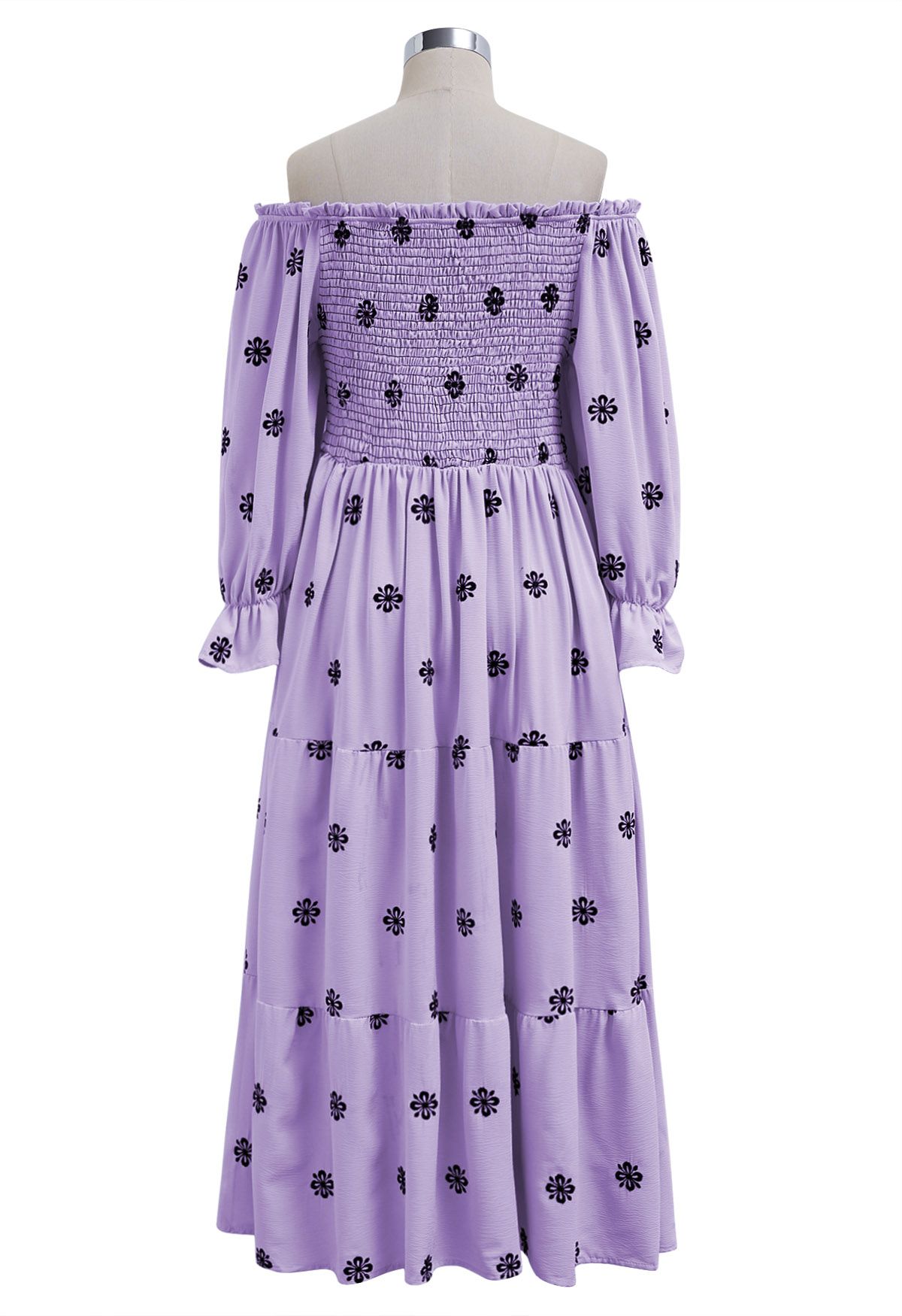 Black Floral Embroidery Shirred Midi Dress in Lilac