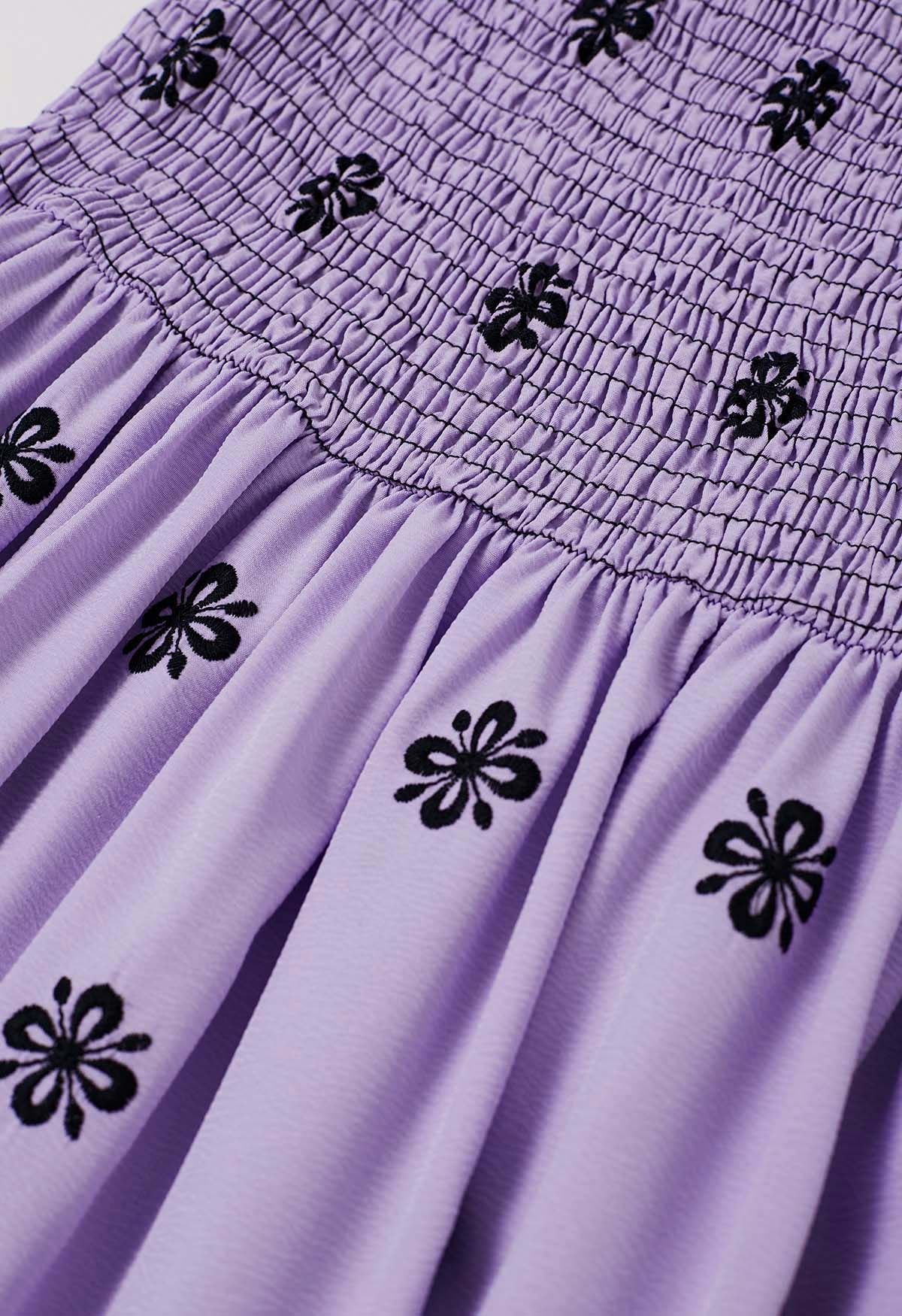 Black Floral Embroidery Shirred Midi Dress in Lilac