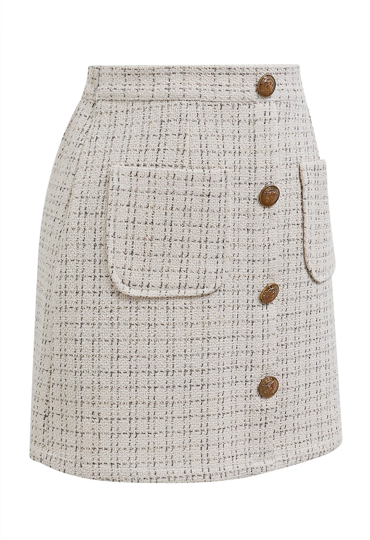 Grid Tweed Vintage Button Mini Skirt