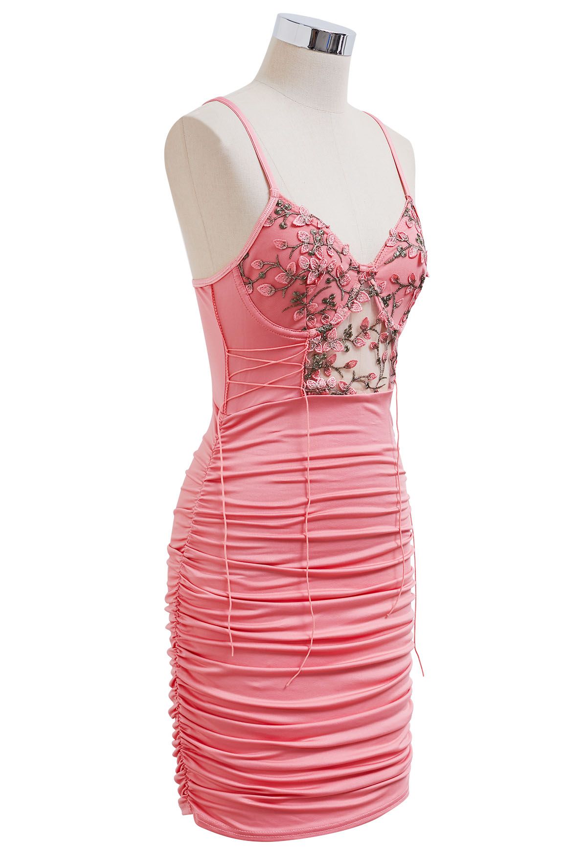 Pink Floral Embroidery Lace-Up Ruched Cami Dress