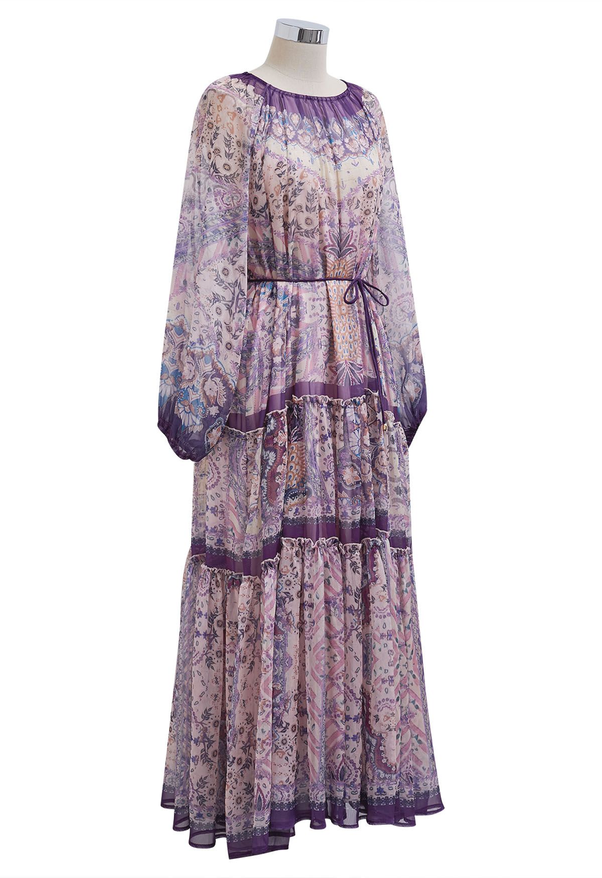 Mystic Garden Bubble Sleeve Ruffle Maxi Dress in Purple