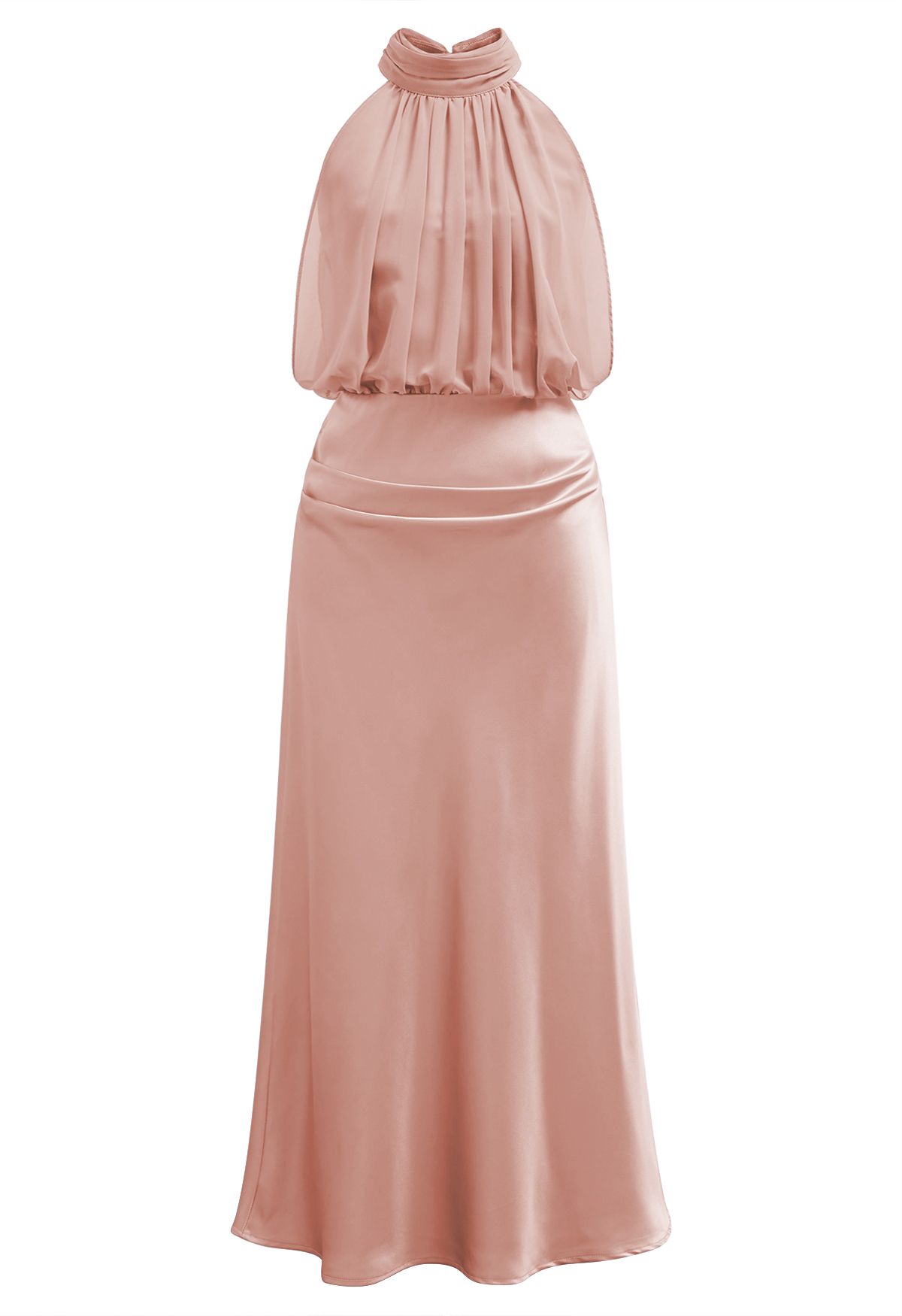 Graceful Halter Neck Chiffon Spliced Satin Dress in Pink