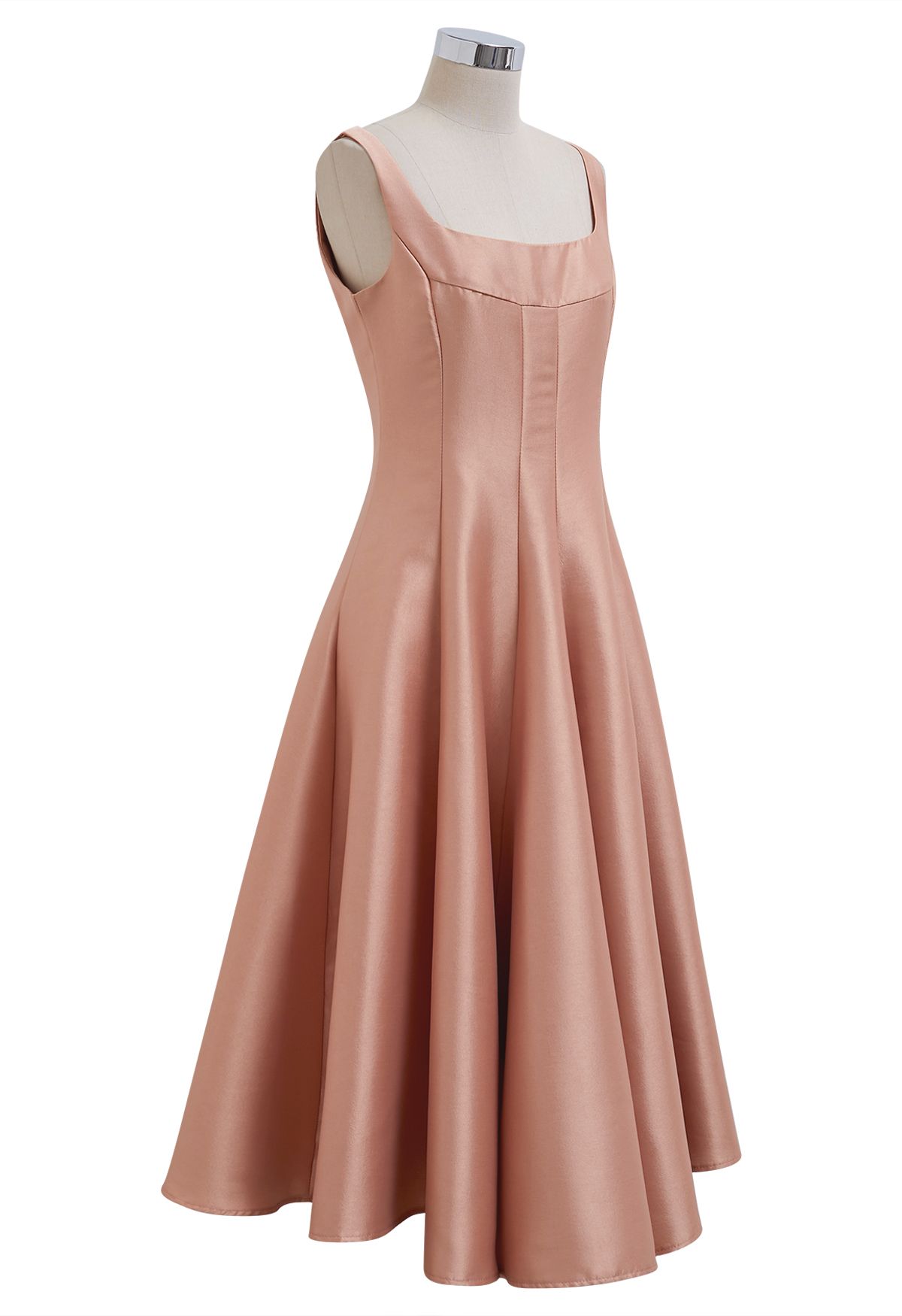 Polished Satin Flared Hem Cami Dress in Coral