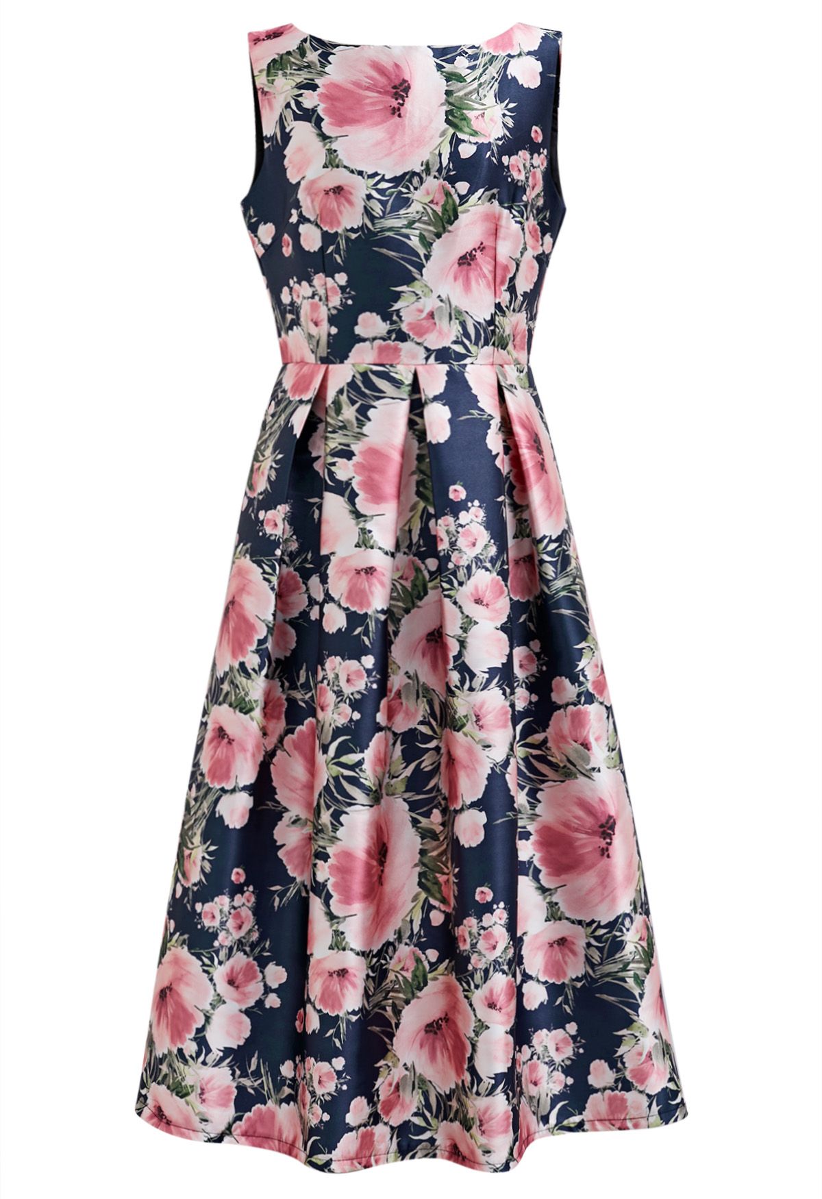 Graceful Blossom Sleeveless Midi Dress in Navy