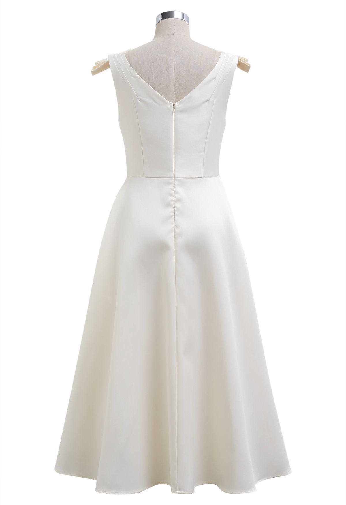 Bow Shoulder Zircon Button Midi Dress in Cream