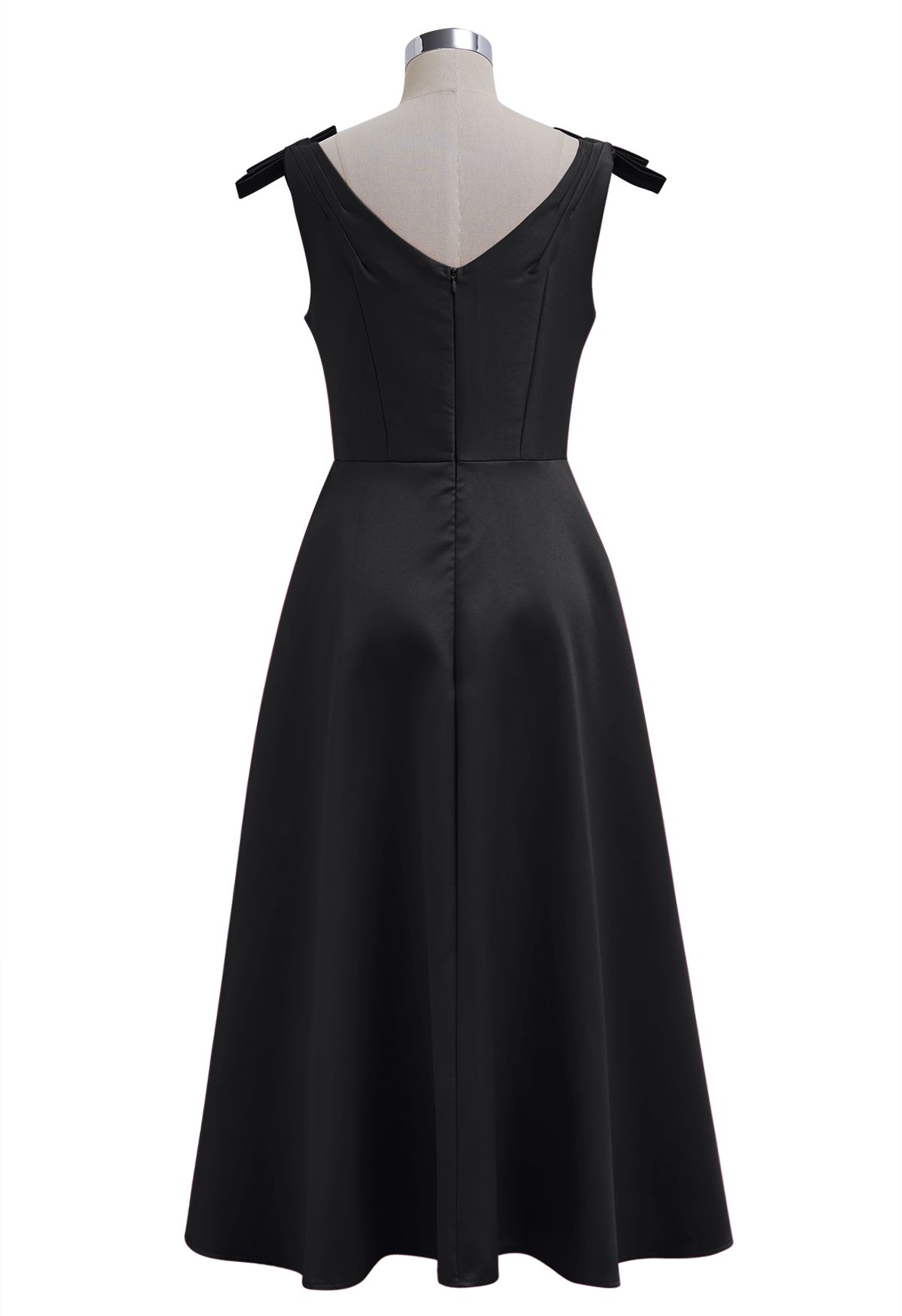 Bow Shoulder Zircon Button Midi Dress in Black