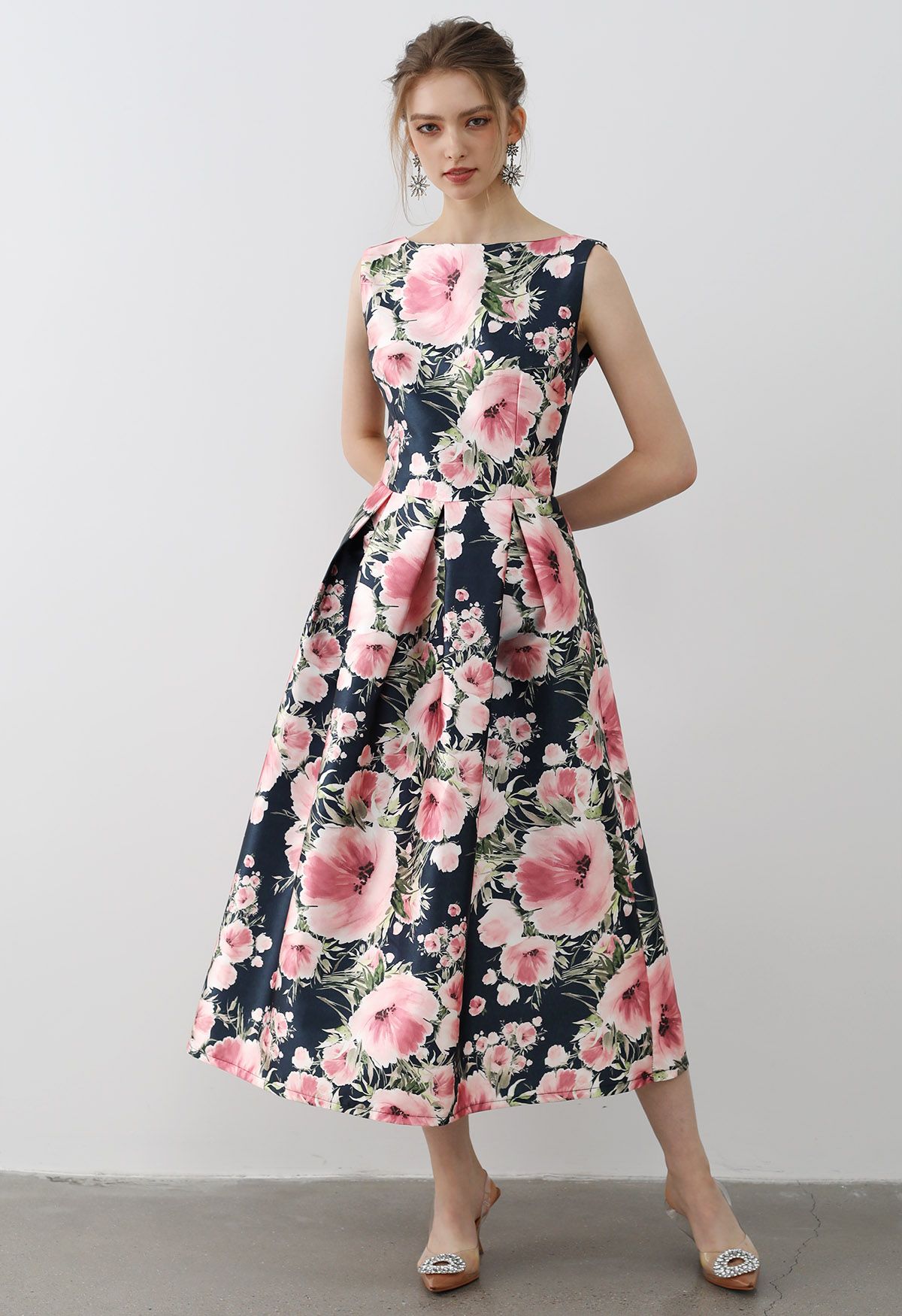 Chicwish Graceful Blossom Sleeveless Midi Dress in Navy Blue XL