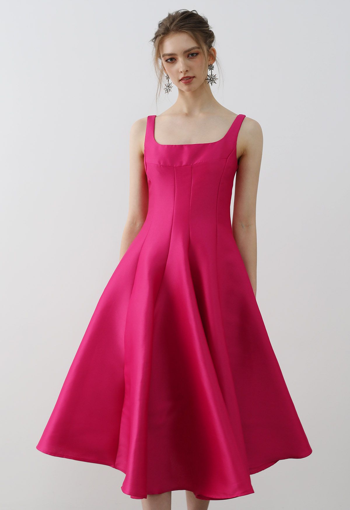 Polished Satin Flared Hem Cami Dress in Magenta