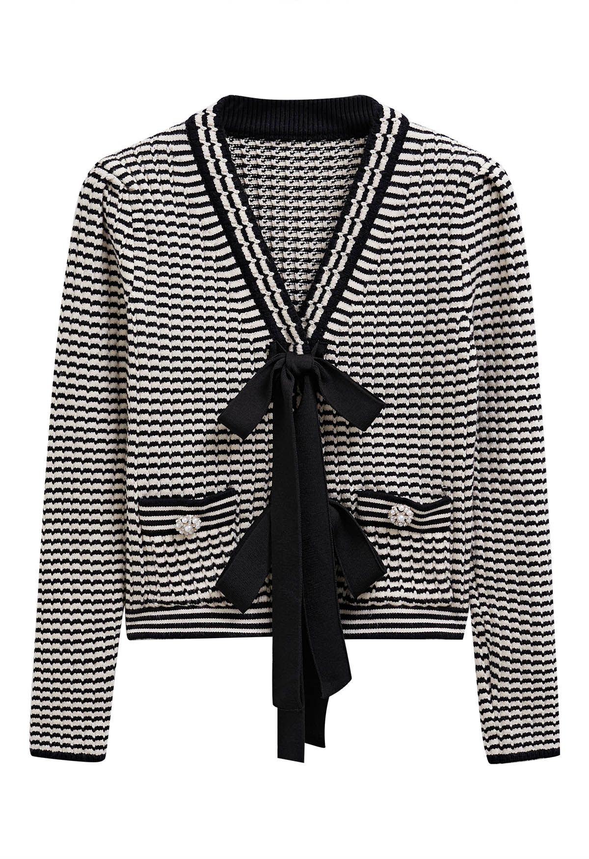 Tie Bow Patch Pocket Striped Cardigan