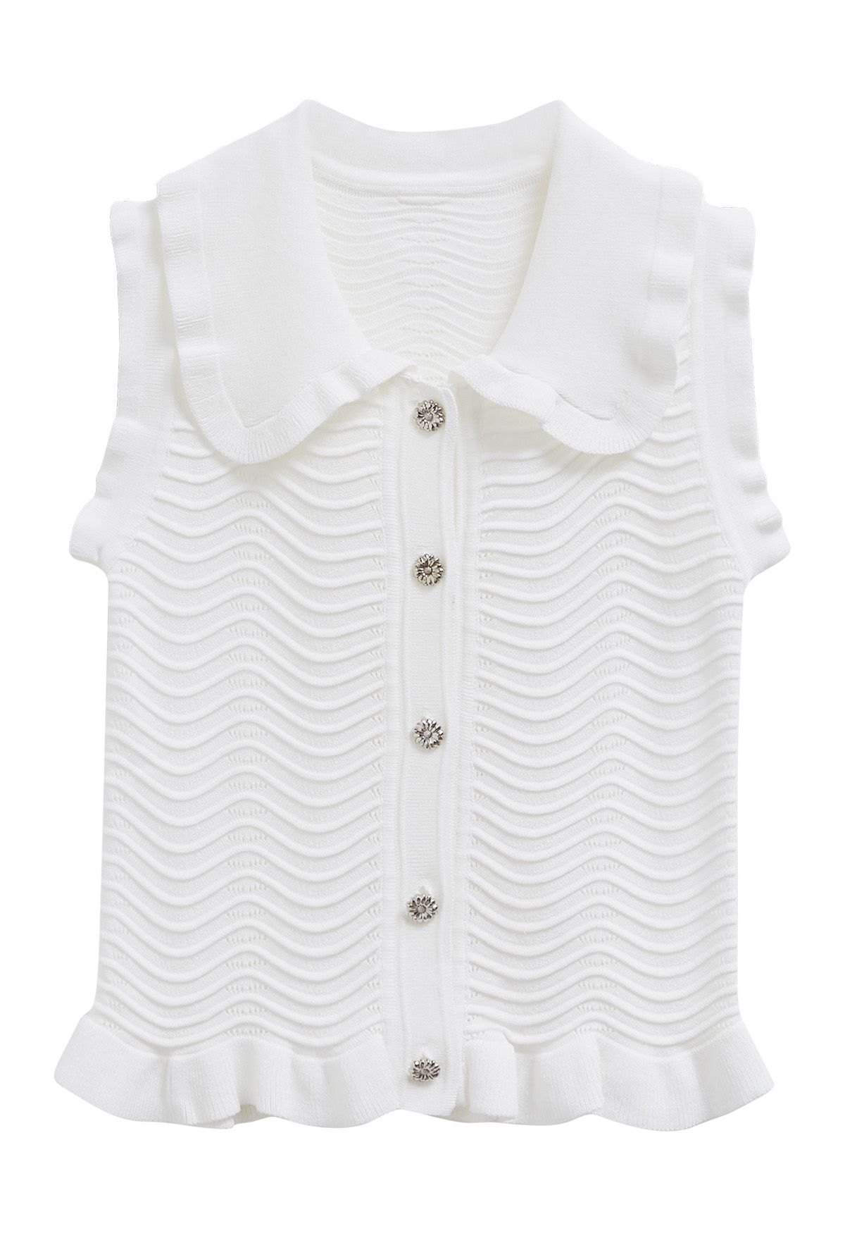 Ruffle Edge Wavy Pointelle Knit Top in White