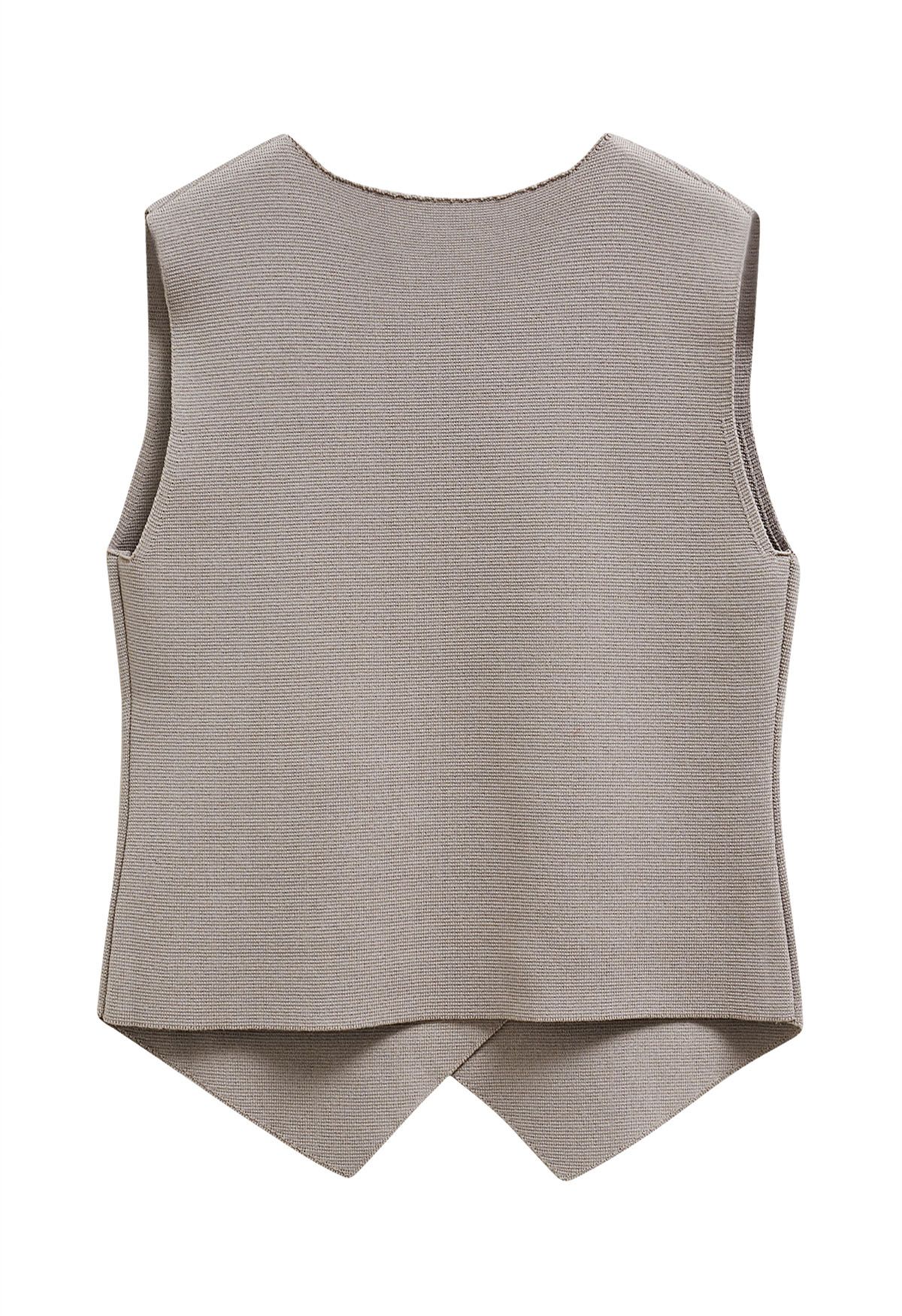 Asymmetric Hem Double-Breasted Knit Vest in Taupe