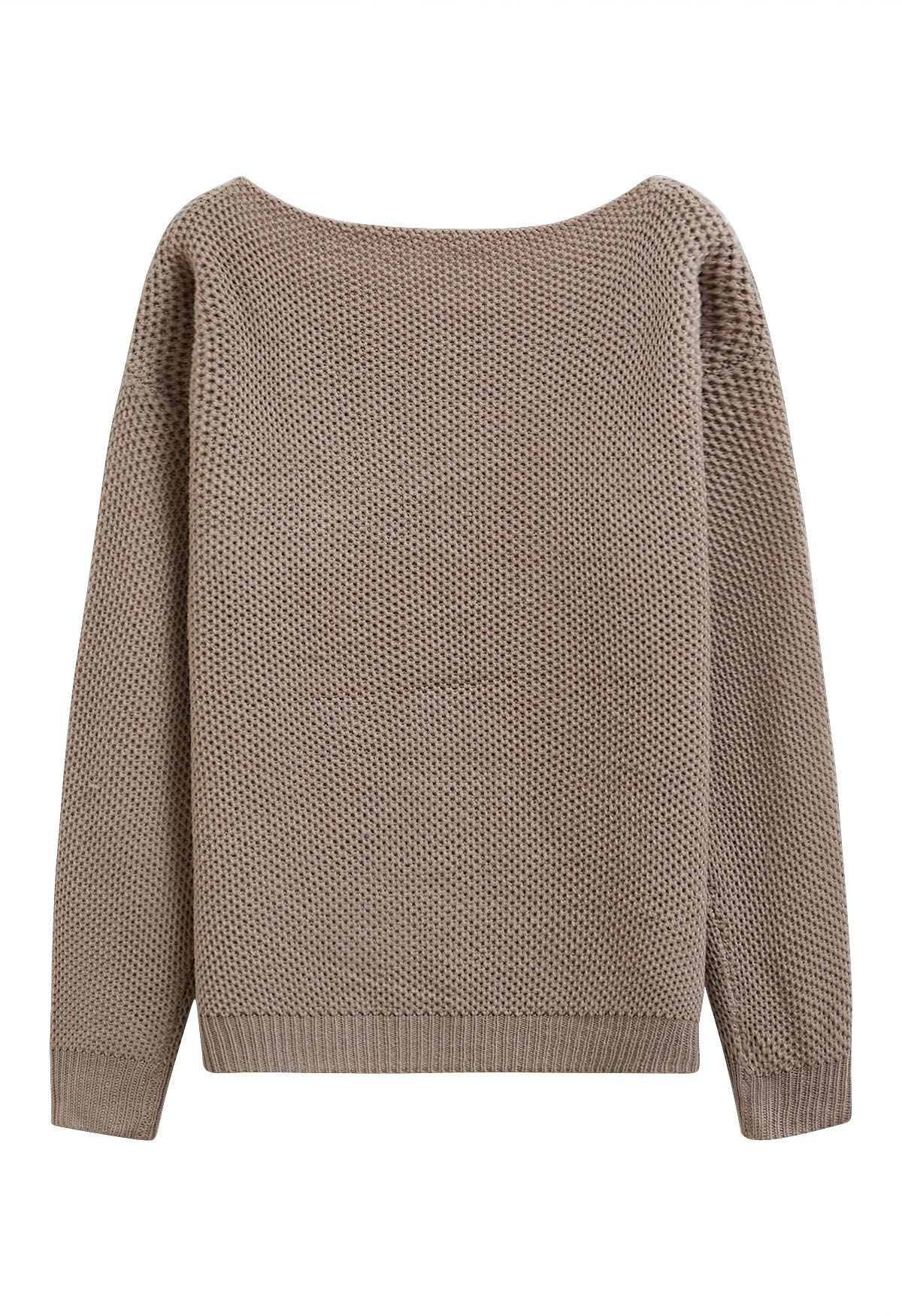 Buttons Decorated Pocket Waffle Knit Sweater in Khaki