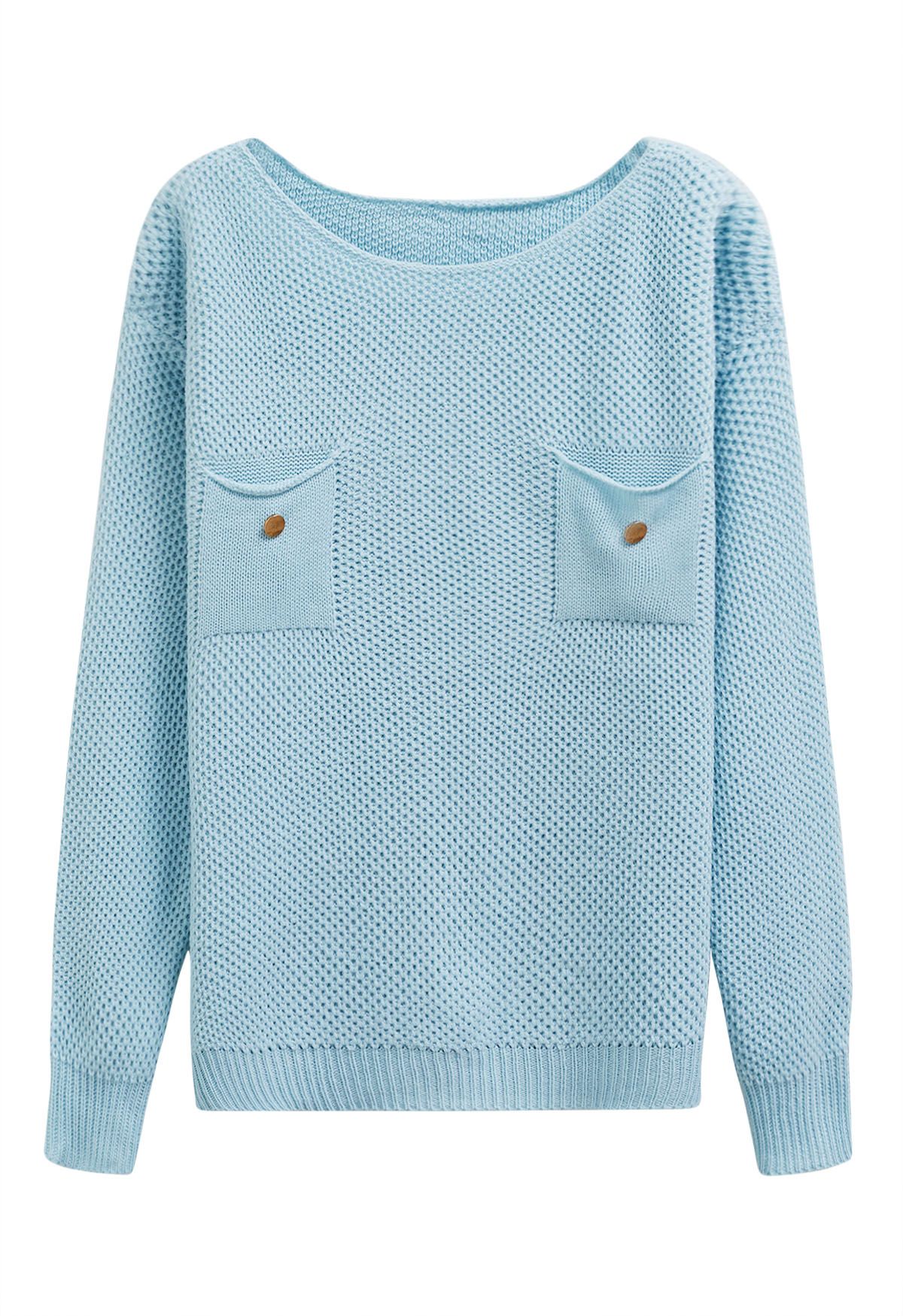 Buttons Decorated Pocket Waffle Knit Sweater in Baby Blue