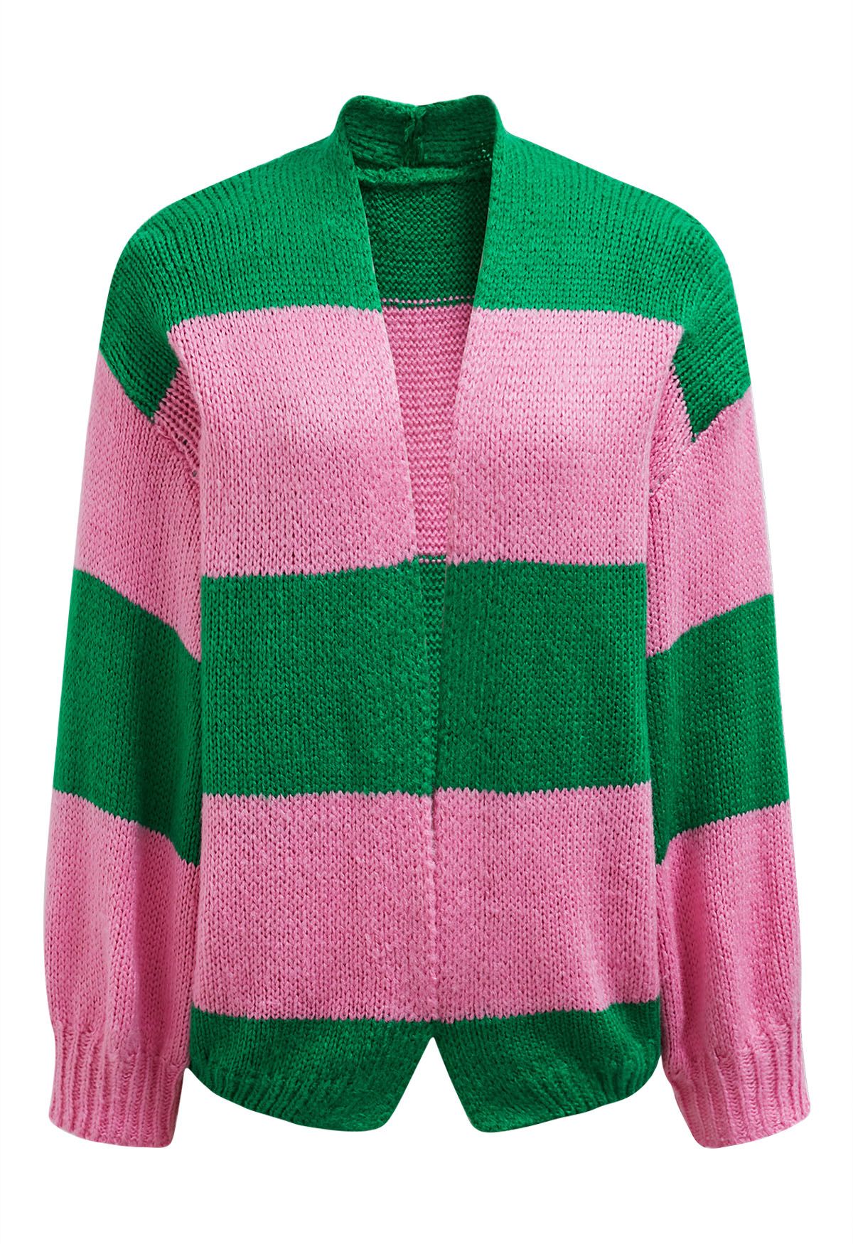 Striped Color Block Open Front Knit Cardigan in Green