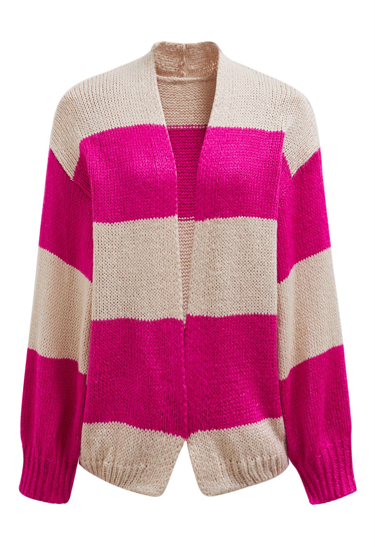 Striped Color Block Open Front Knit Cardigan in Hot Pink