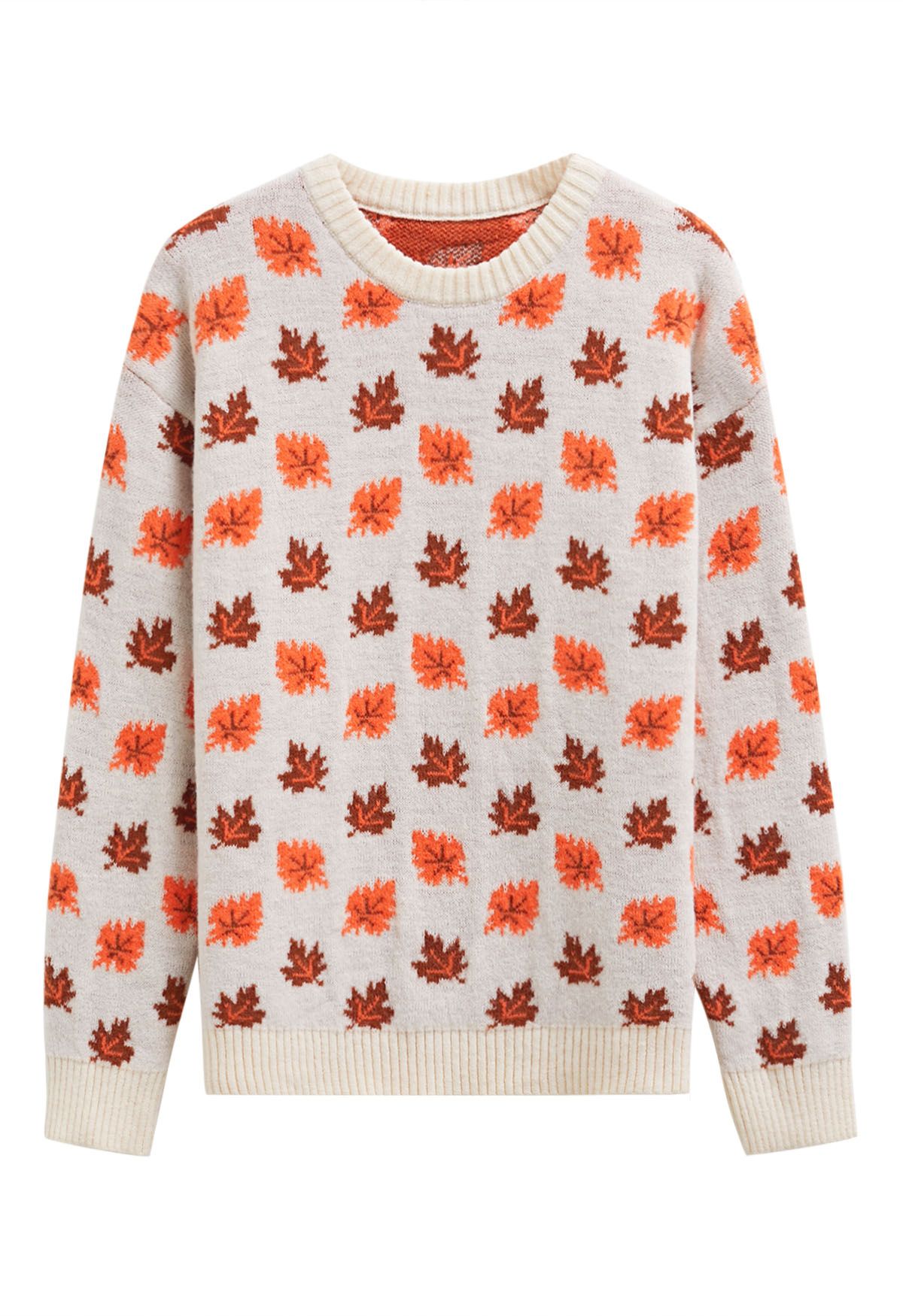 Maple Leaf Long Sleeves Oversized Knit Sweater in Ivory