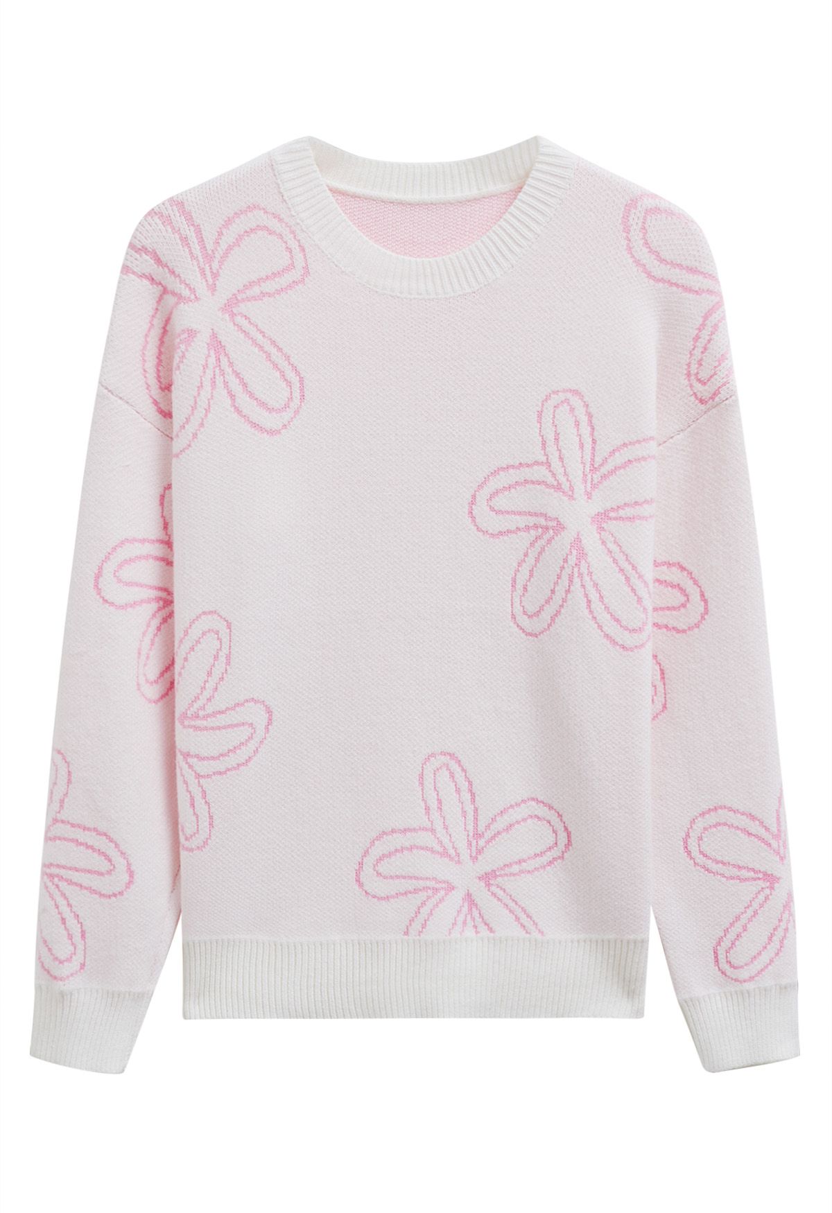 Floral Sketch Pattern Jacquard Knit Sweater in White