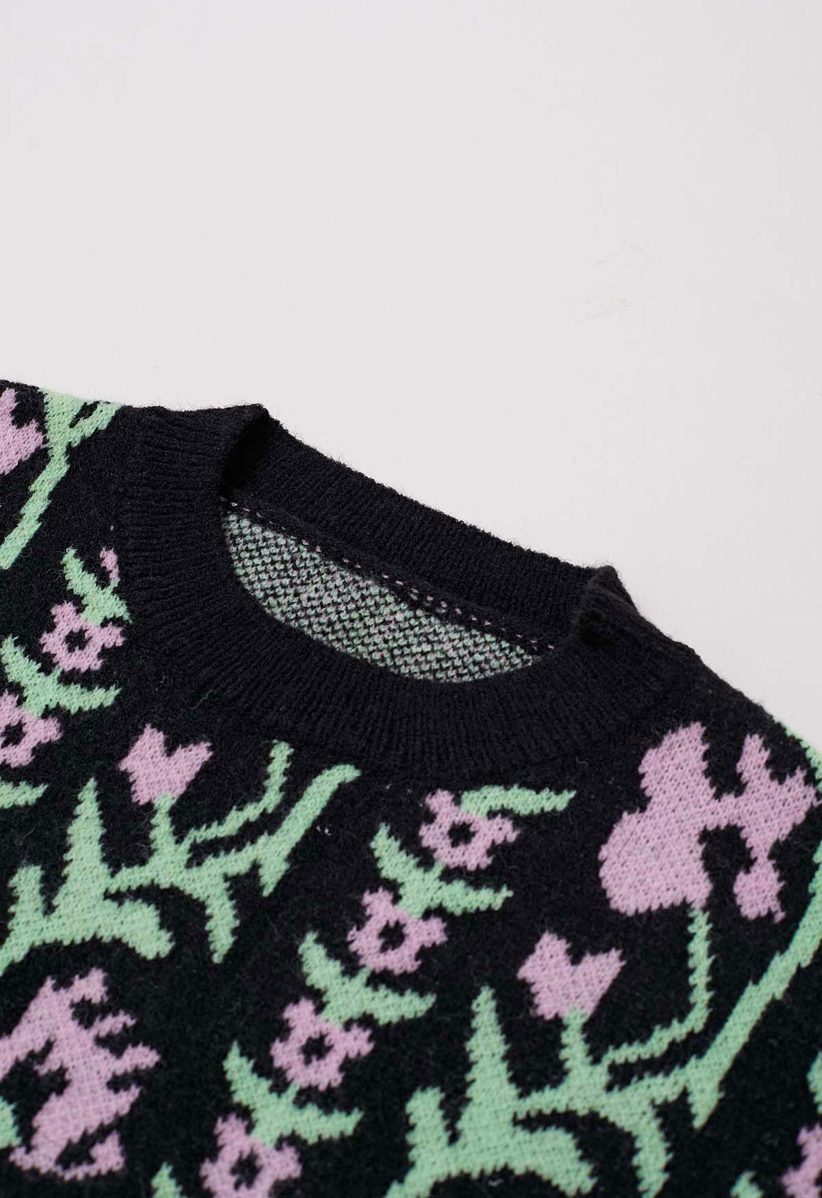 Floral Branch Jacquard Knit Sweater in Black