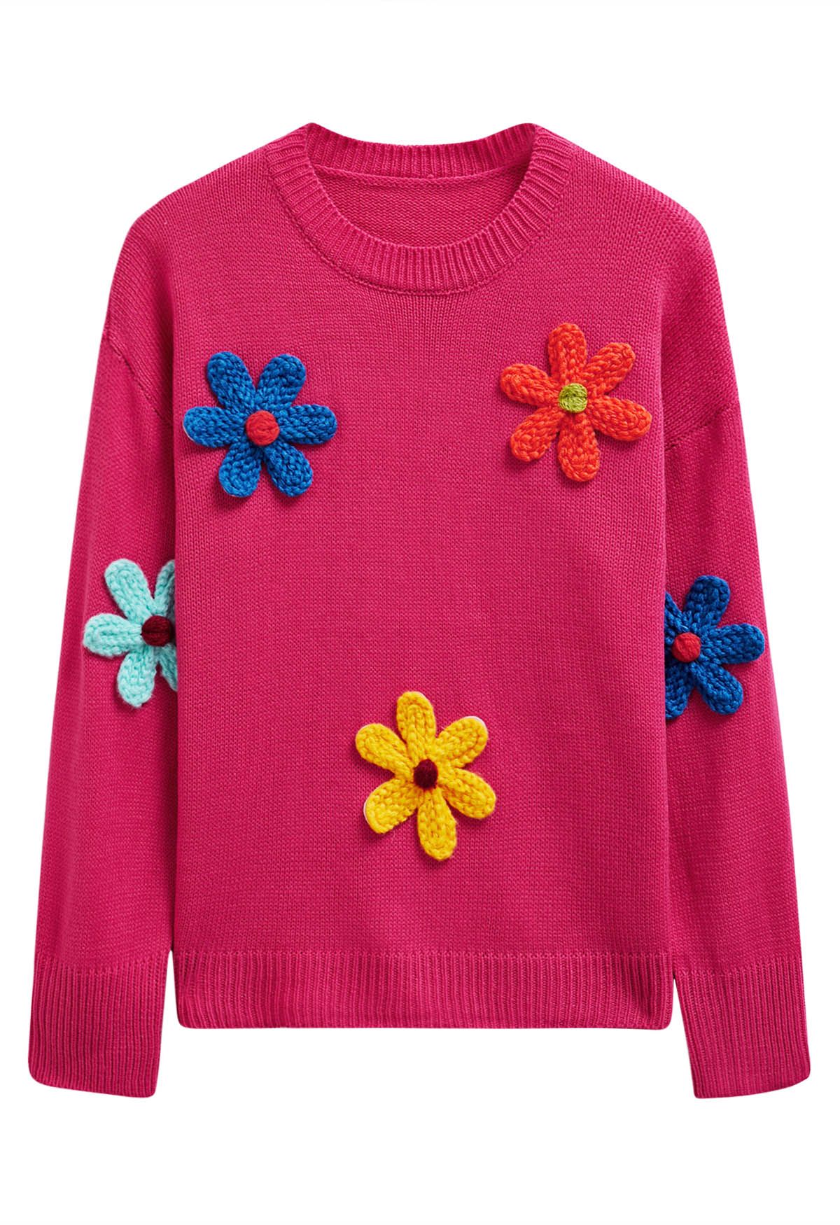 Colorful 3D Stitch Flower Knit Sweater in Hot Pink