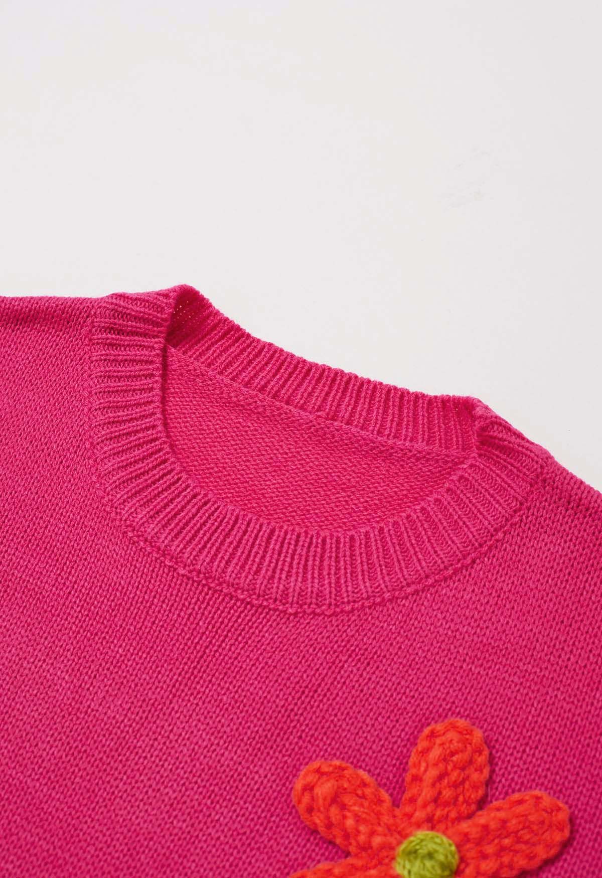 Colorful 3D Stitch Flower Knit Sweater in Hot Pink