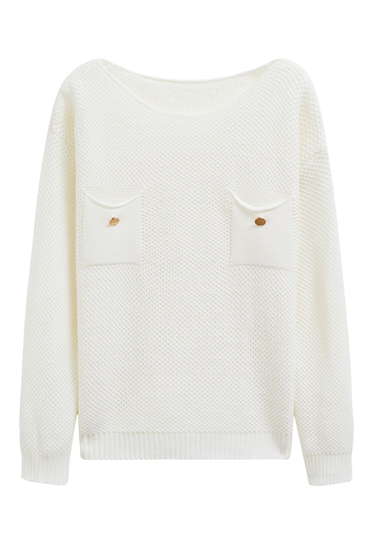 Buttons Decorated Pocket Waffle Knit Sweater in White