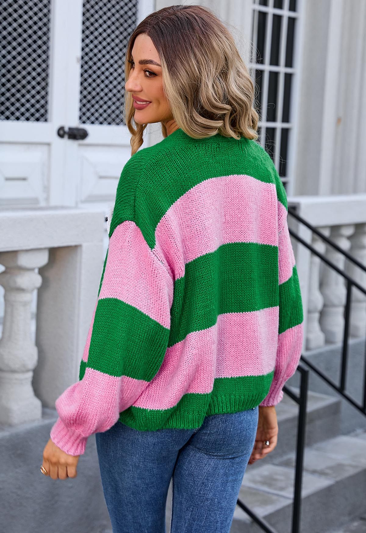 Striped Color Block Open Front Knit Cardigan in Green