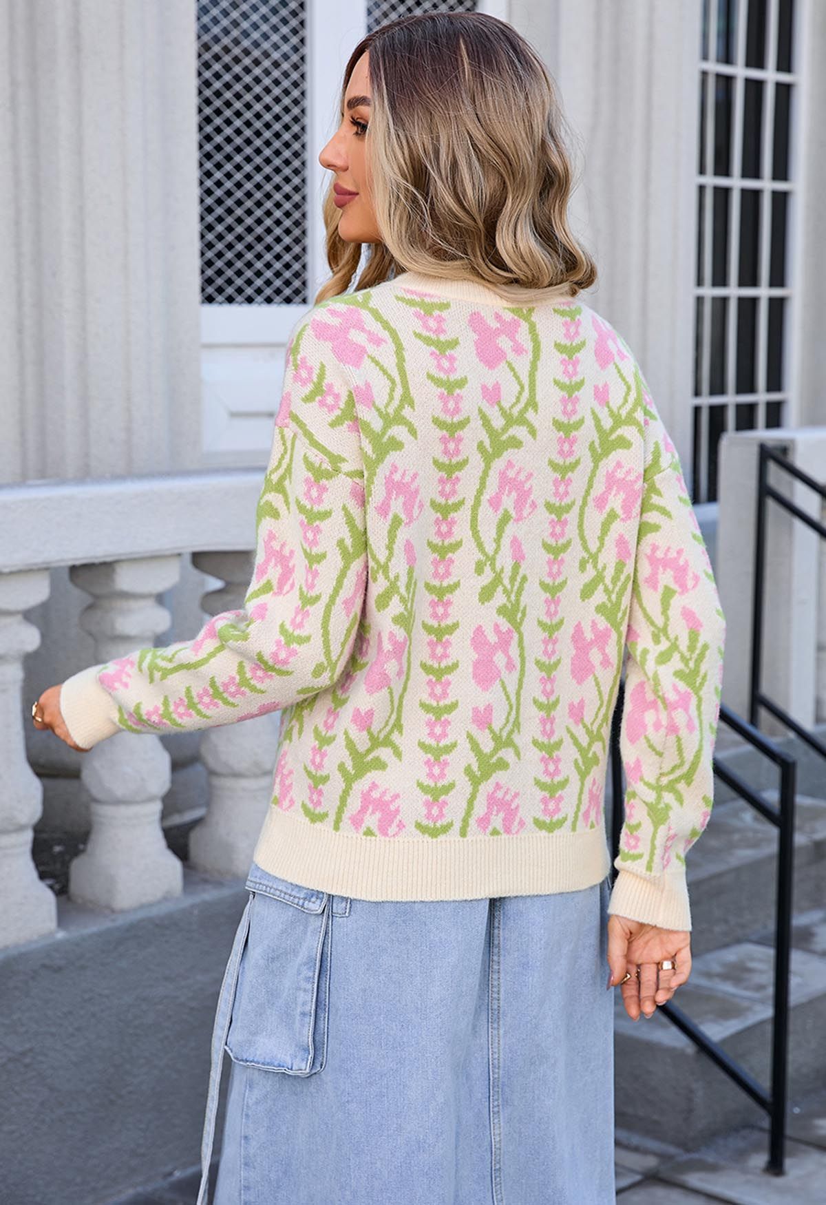 Floral Branch Jacquard Knit Sweater in Cream