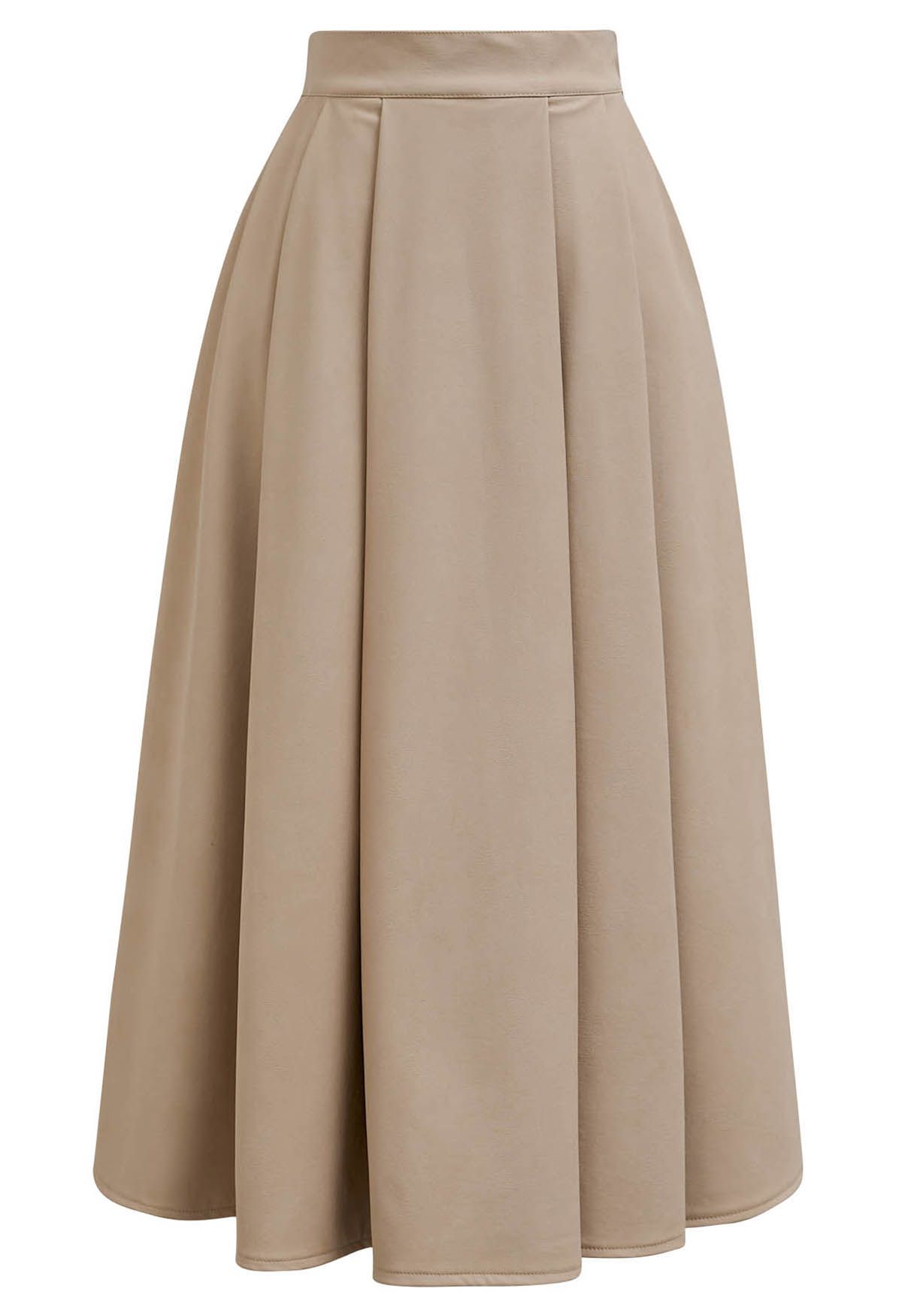 Chic Pleats Faux Leather Midi Skirt in Tan