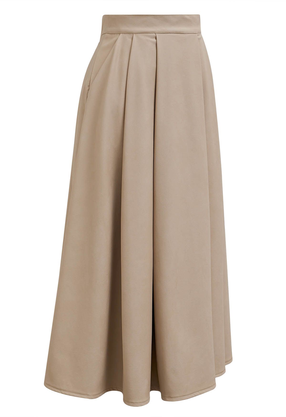 Chic Pleats Faux Leather Midi Skirt in Tan