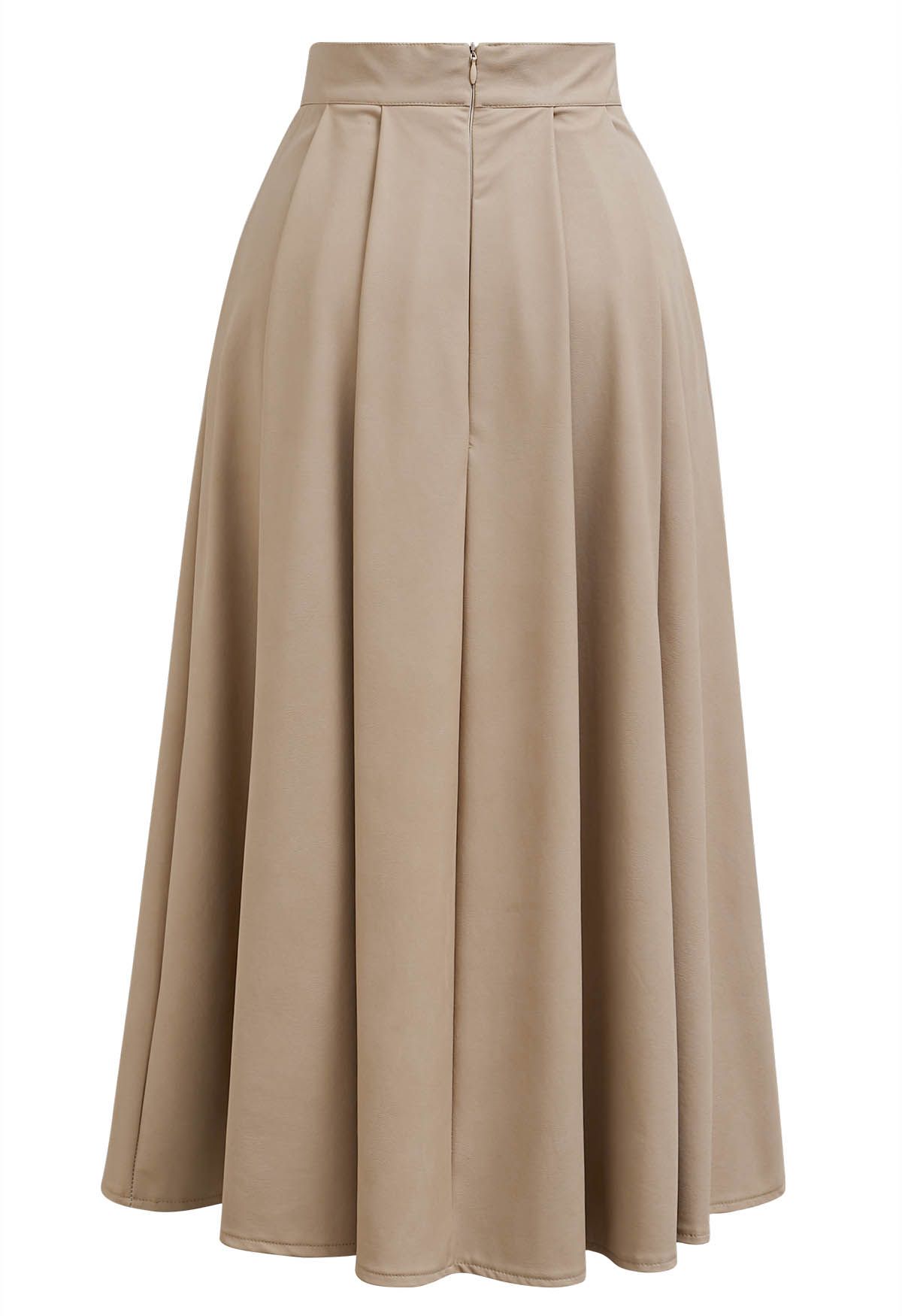 Chic Pleats Faux Leather Midi Skirt in Tan