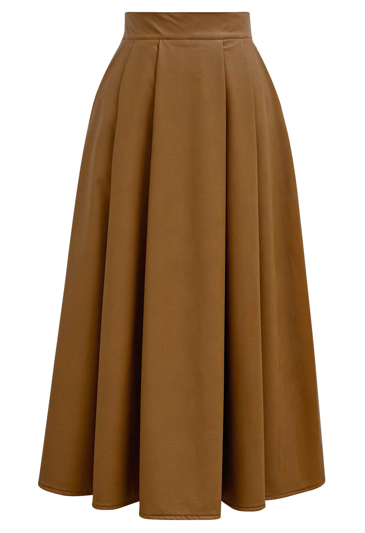 Chic Pleats Faux Leather Midi Skirt in Caramel