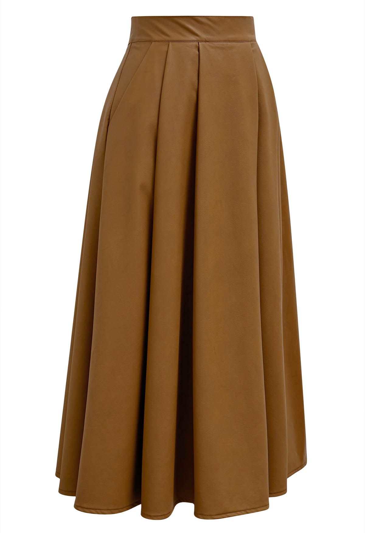 Chic Pleats Faux Leather Midi Skirt in Caramel