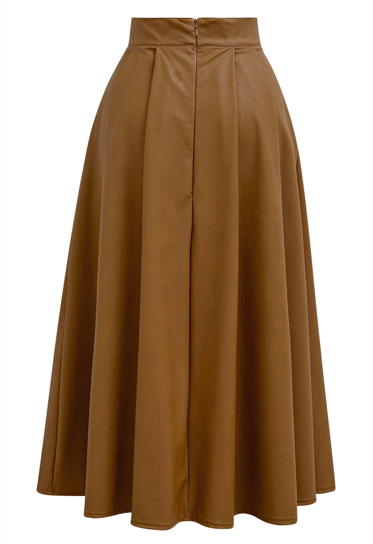 Chic Pleats Faux Leather Midi Skirt in Caramel