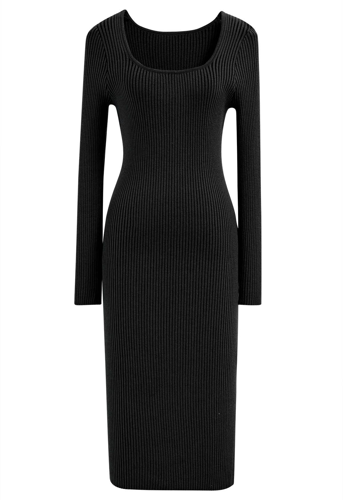 Square Neck Split Hem Knit Dress in Black