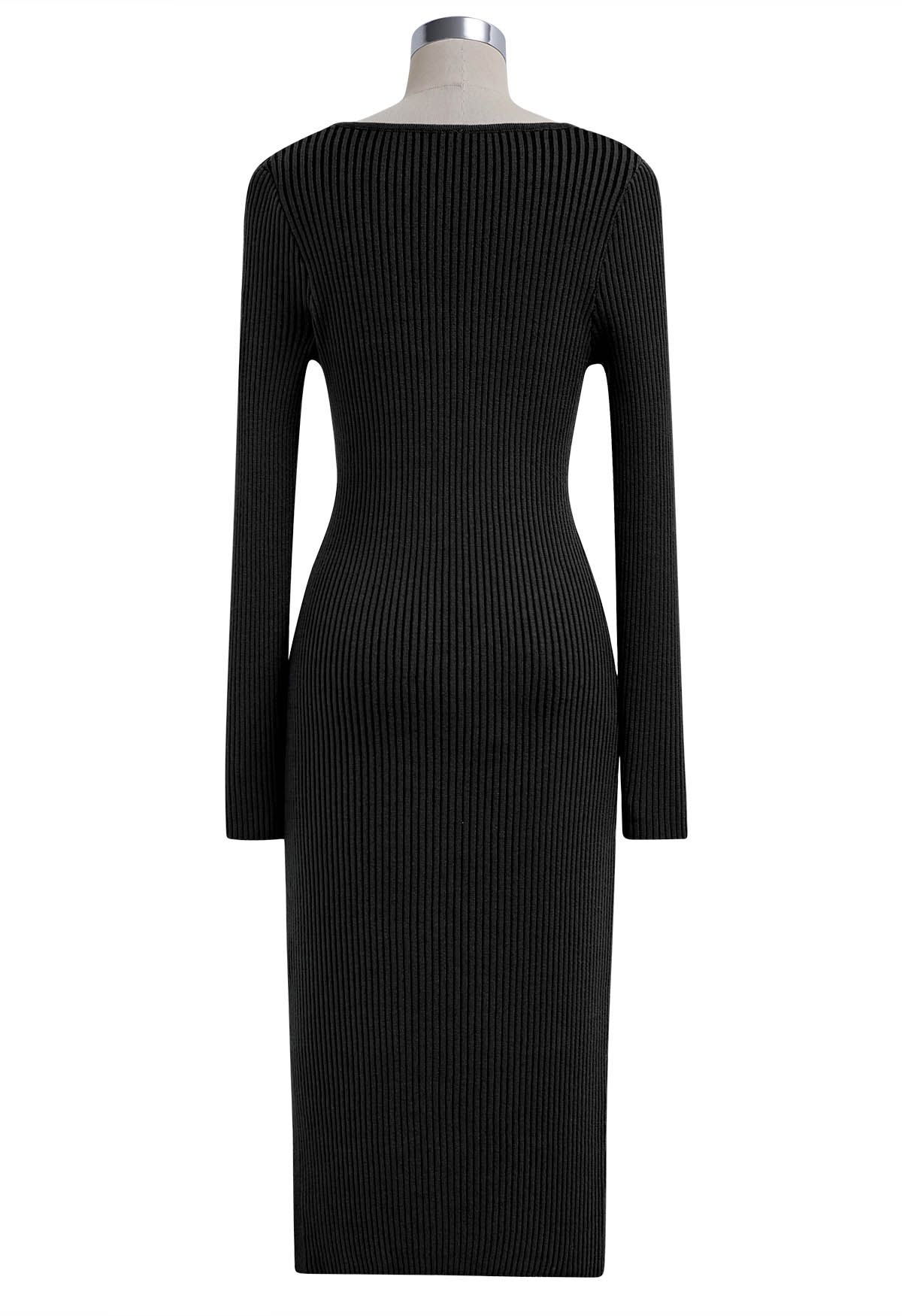 Square Neck Split Hem Knit Dress in Black