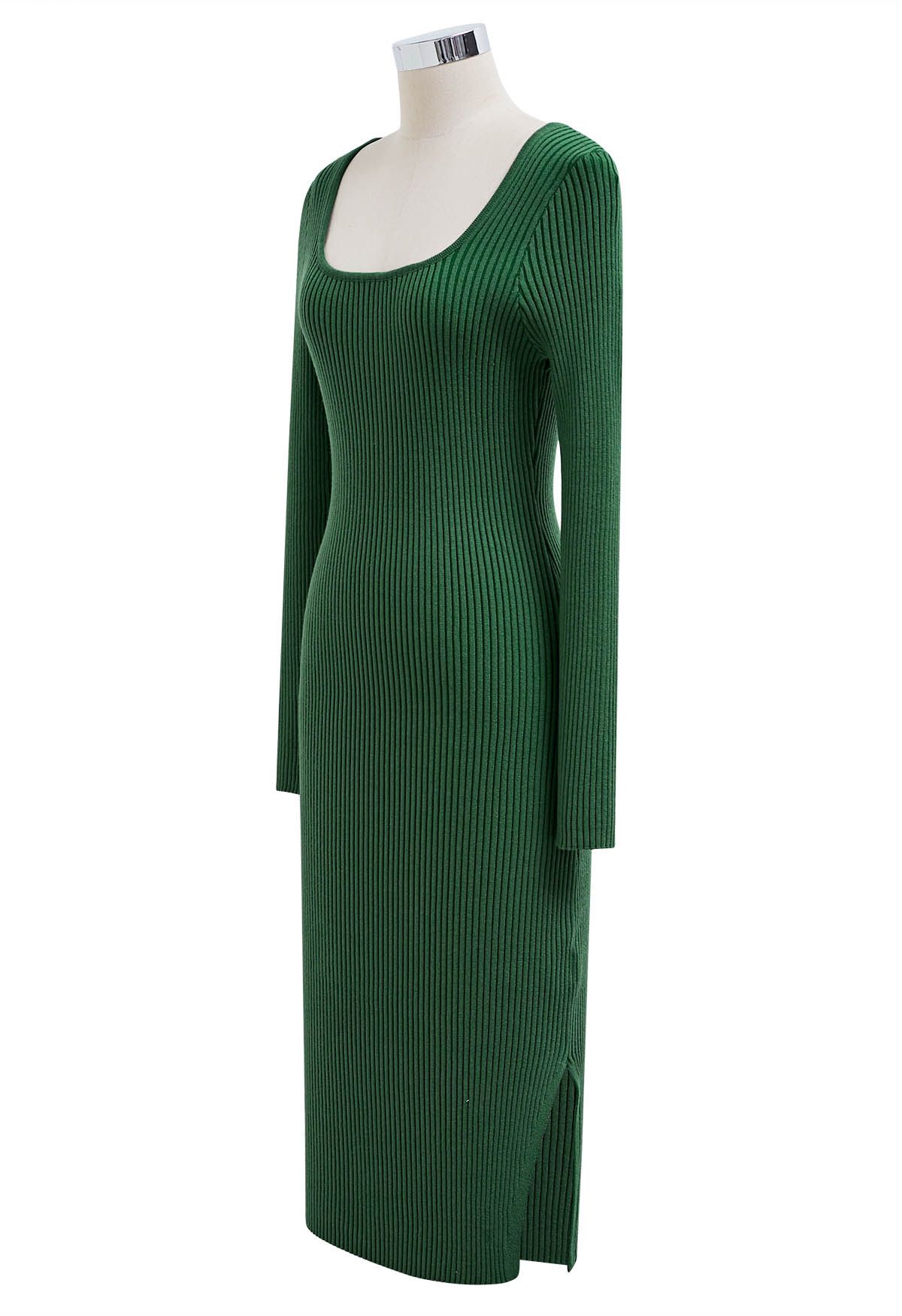 Square Neck Split Hem Knit Dress in Green