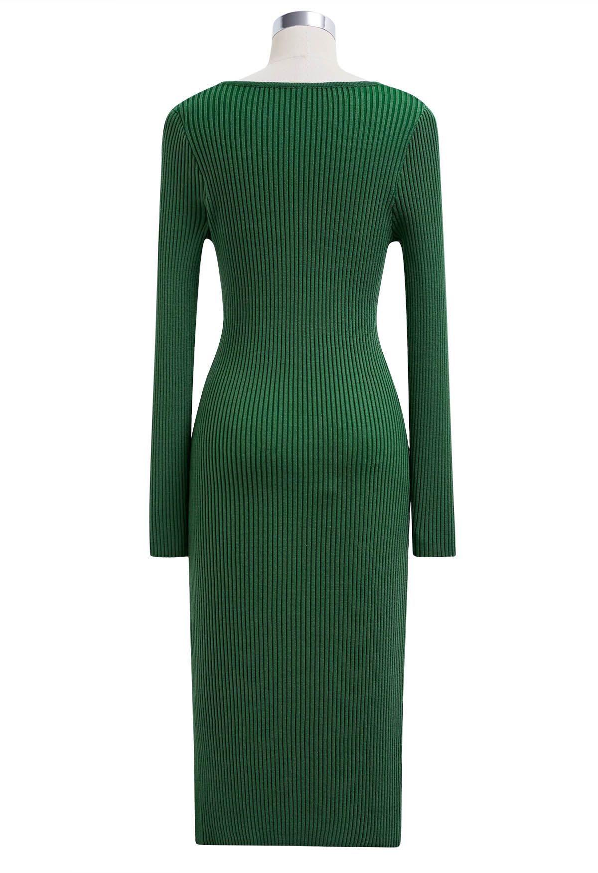 Square Neck Split Hem Knit Dress in Green