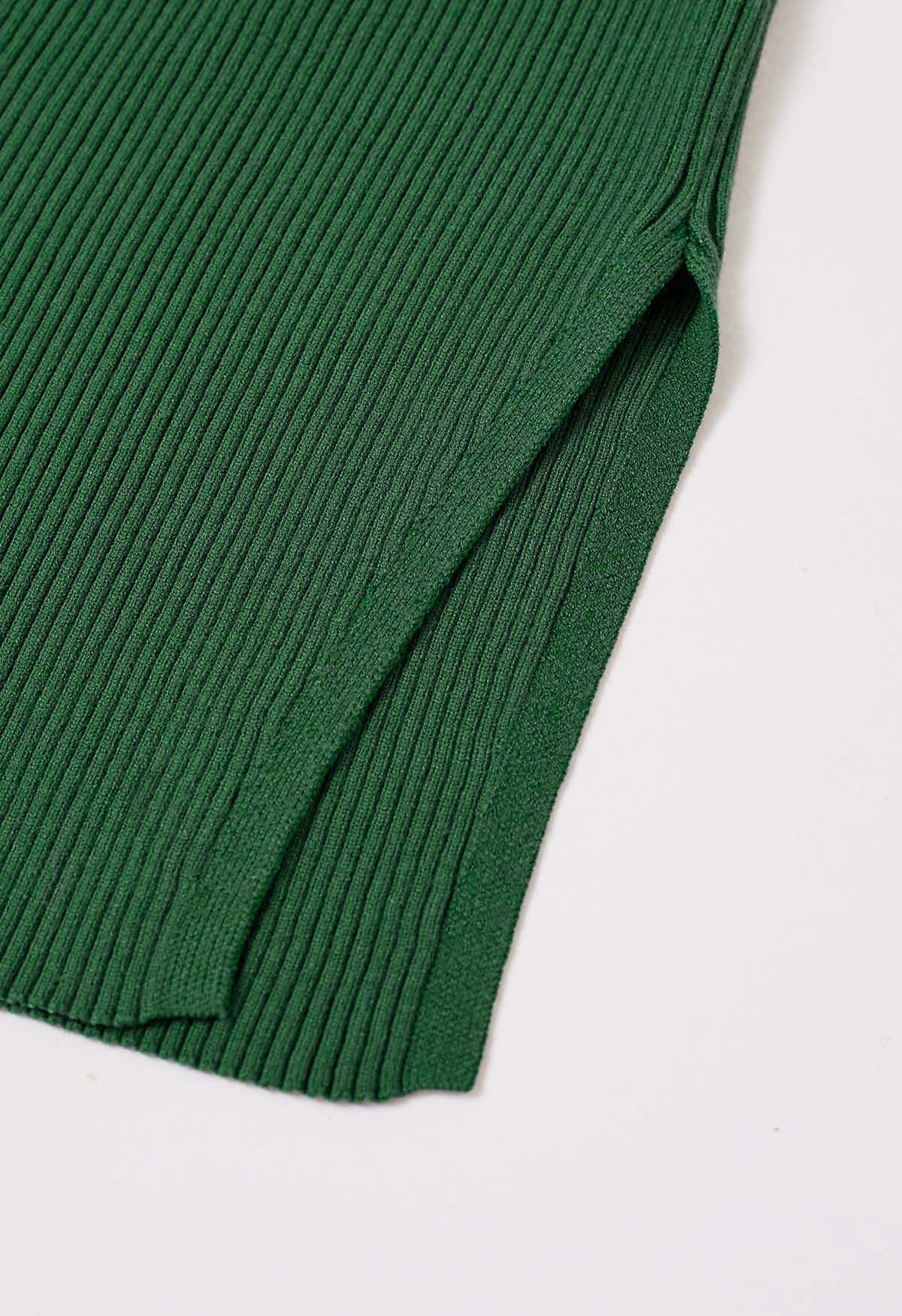 Square Neck Split Hem Knit Dress in Green