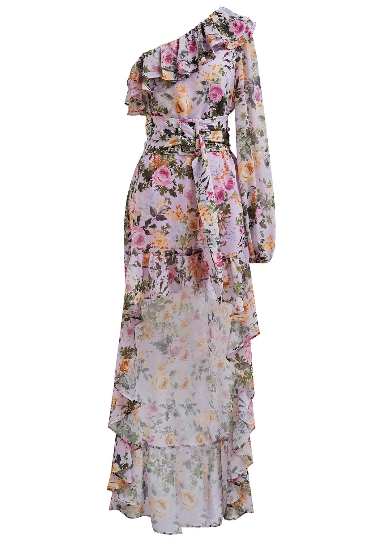 Floral One-Shoulder Ruffle Hi-Lo Maxi Dress