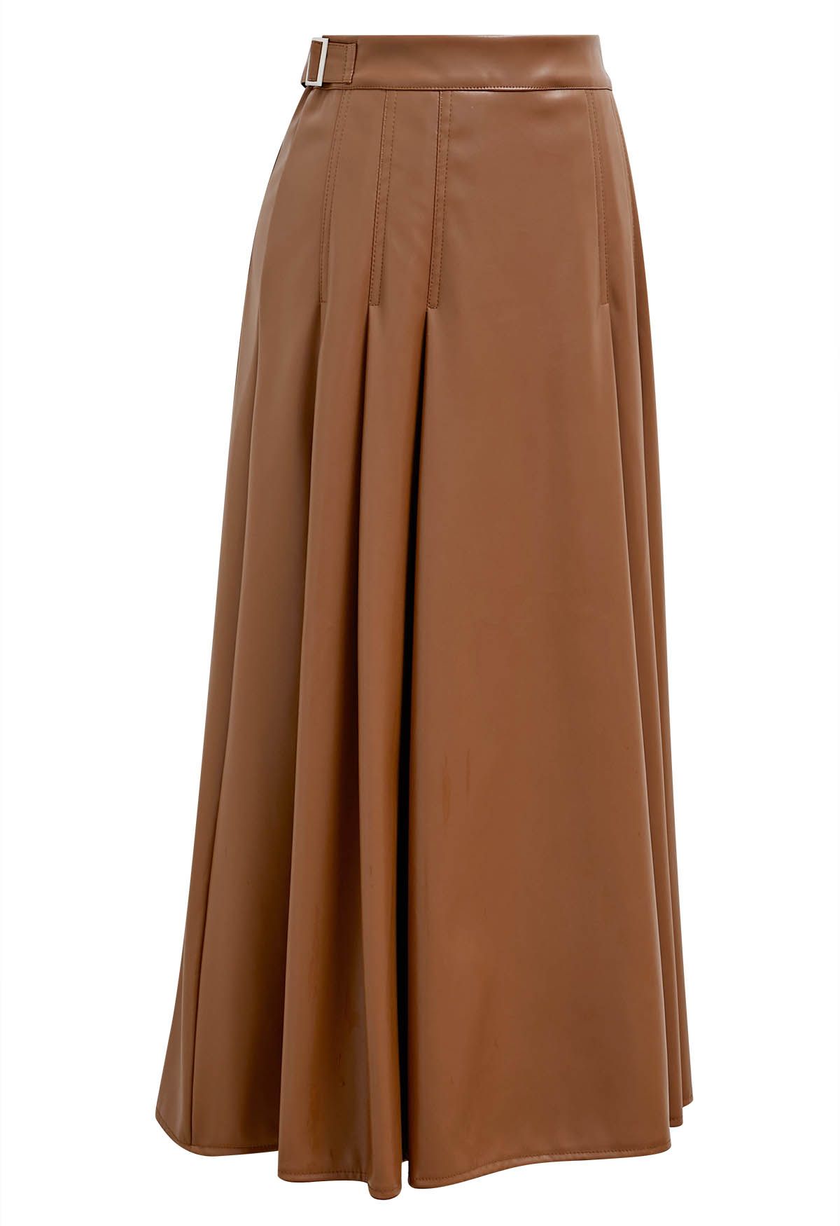 Side Belt Faux Leather Pleated Midi Skirt in Caramel