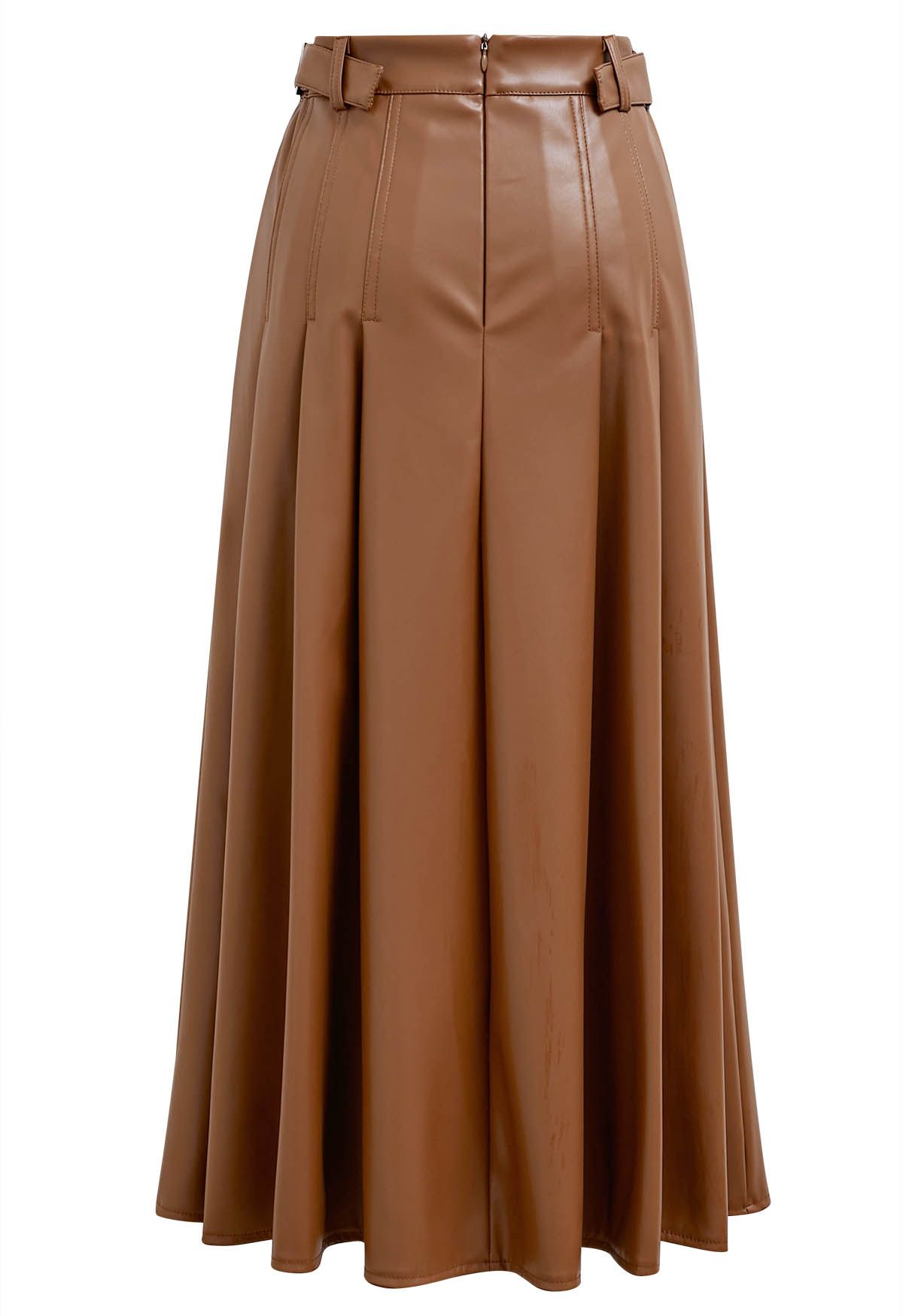 Side Belt Faux Leather Pleated Midi Skirt in Caramel