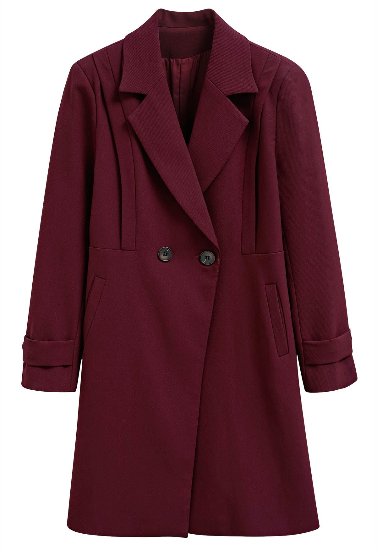 Burgundy Notch Lapel Double-Breasted Coat