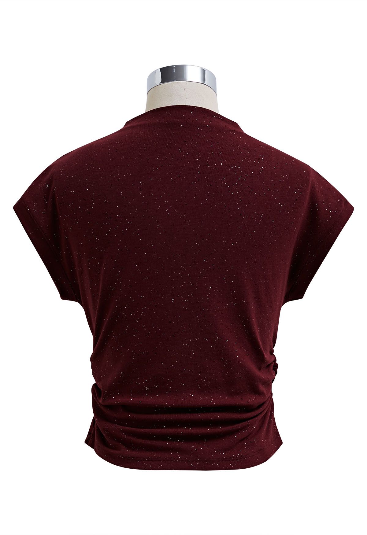 Shimmering Ruched Waist Cap Sleeves Top in Burgundy