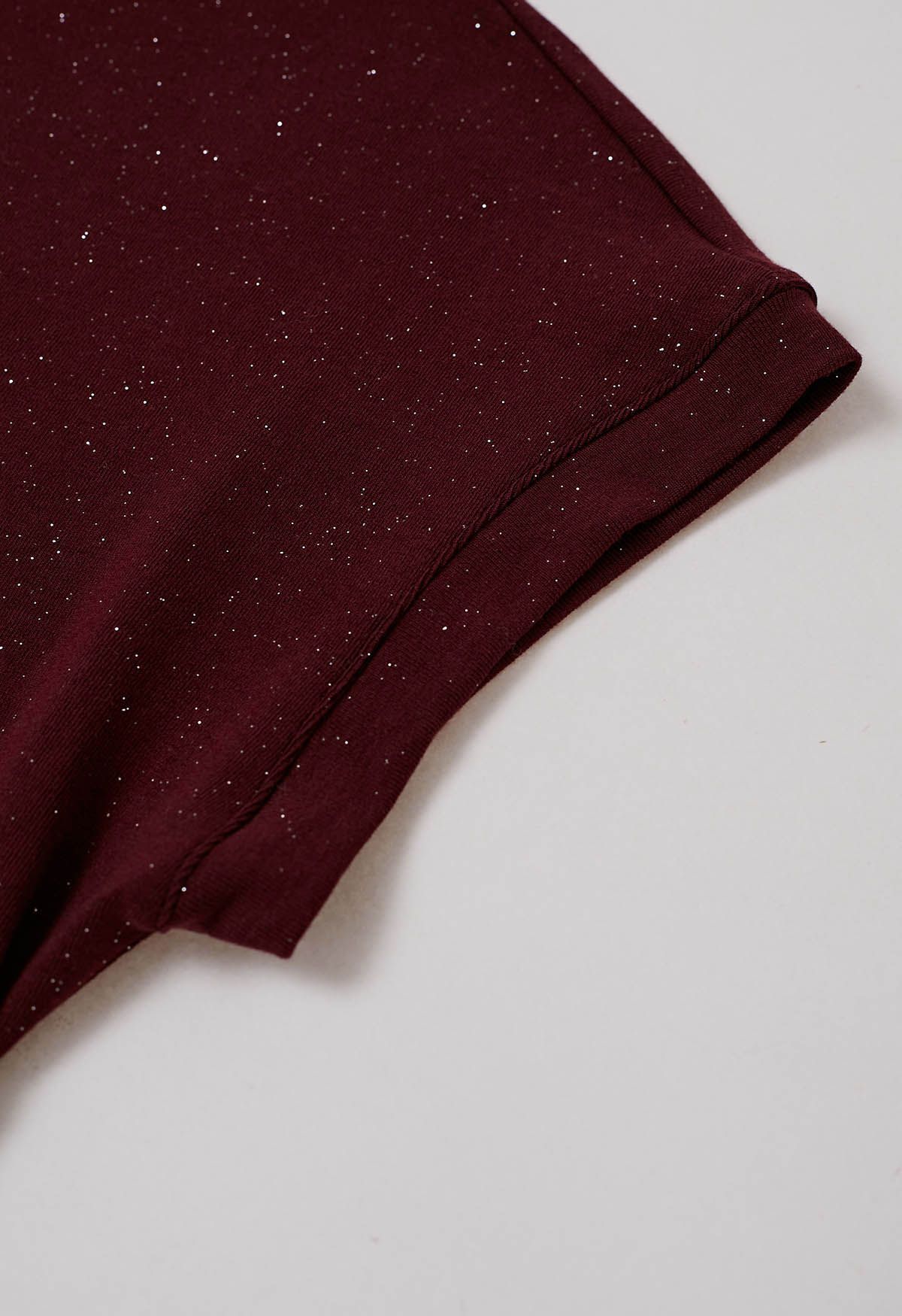 Shimmering Ruched Waist Cap Sleeves Top in Burgundy