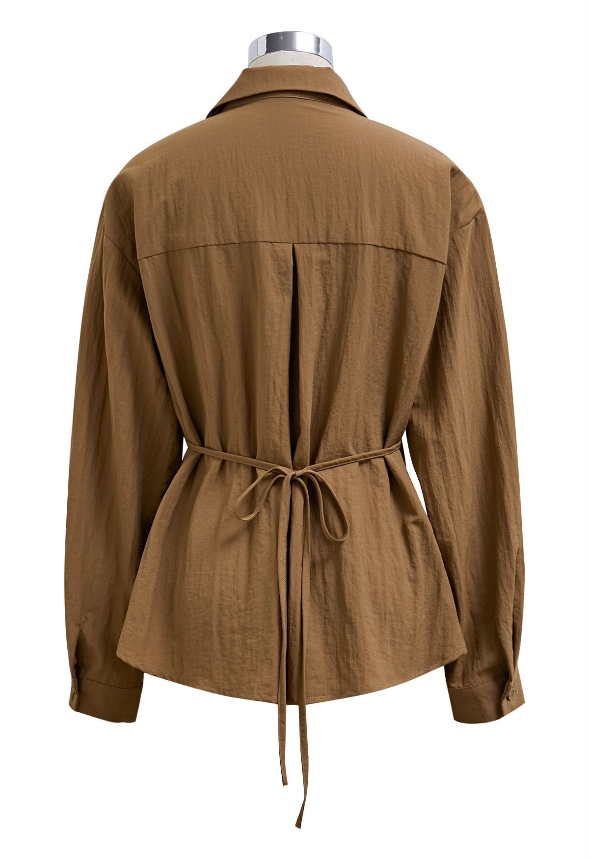 Side Pleats Collared Buttoned Wrap Shirt in Caramel