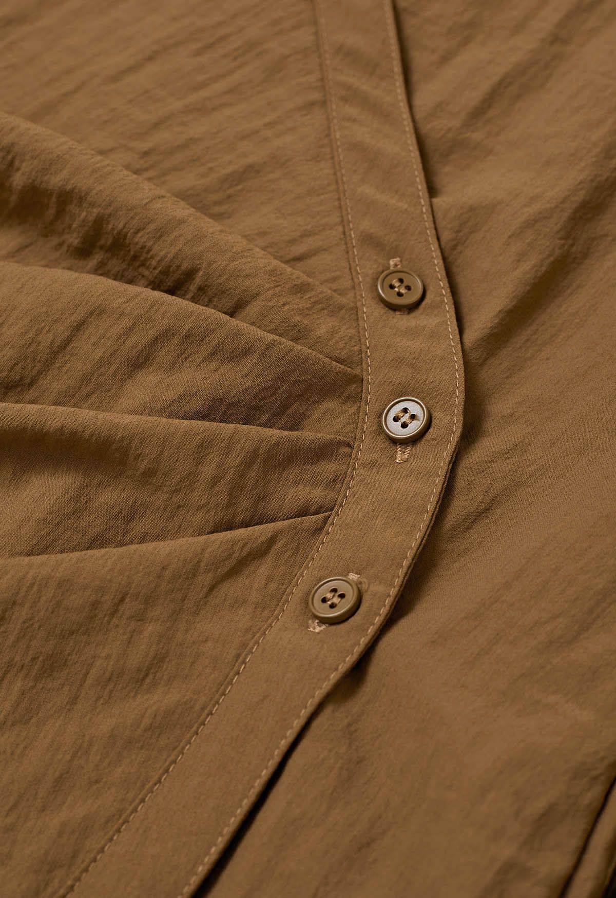 Side Pleats Collared Buttoned Wrap Shirt in Caramel